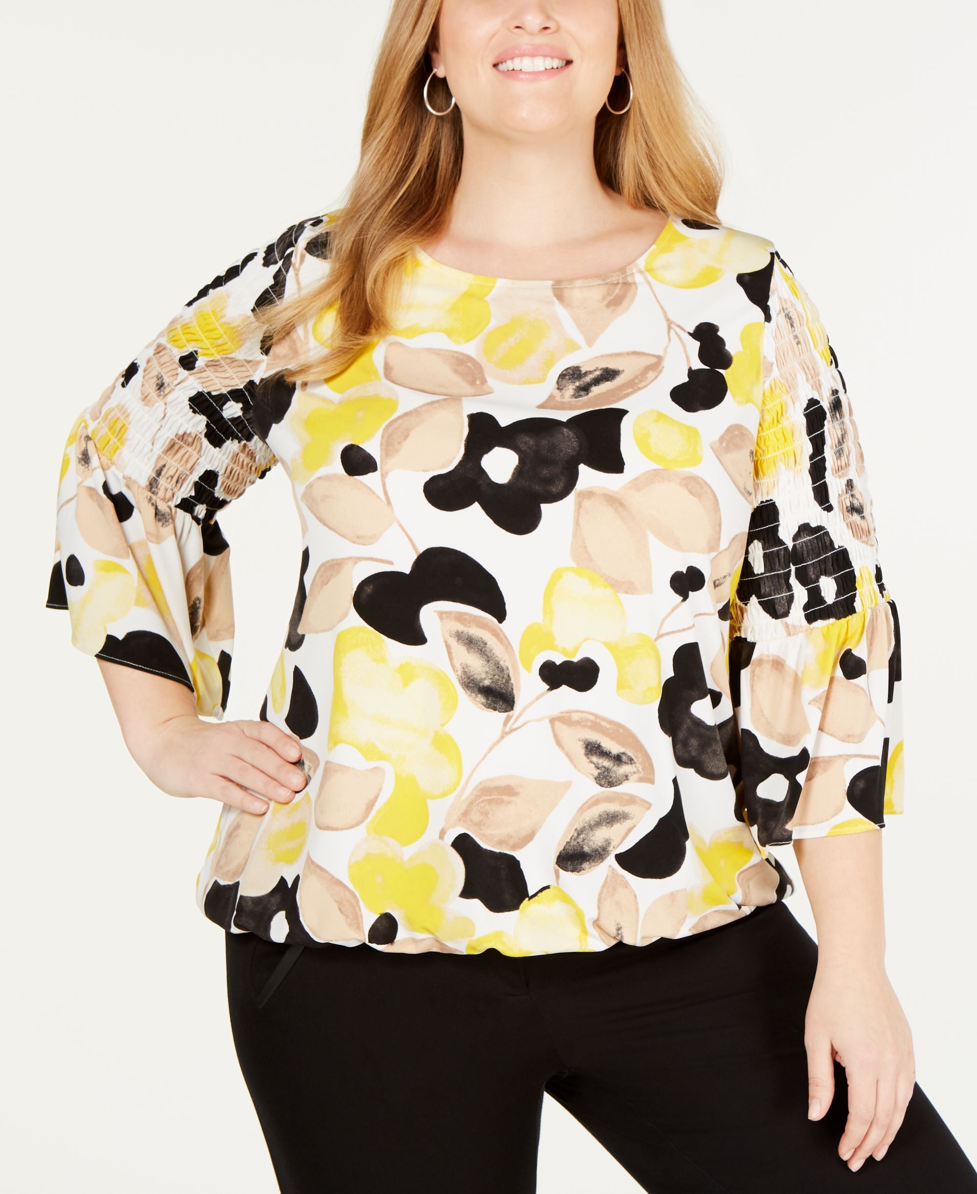 Alfani Plus Size Printed Smock Sleeve Top