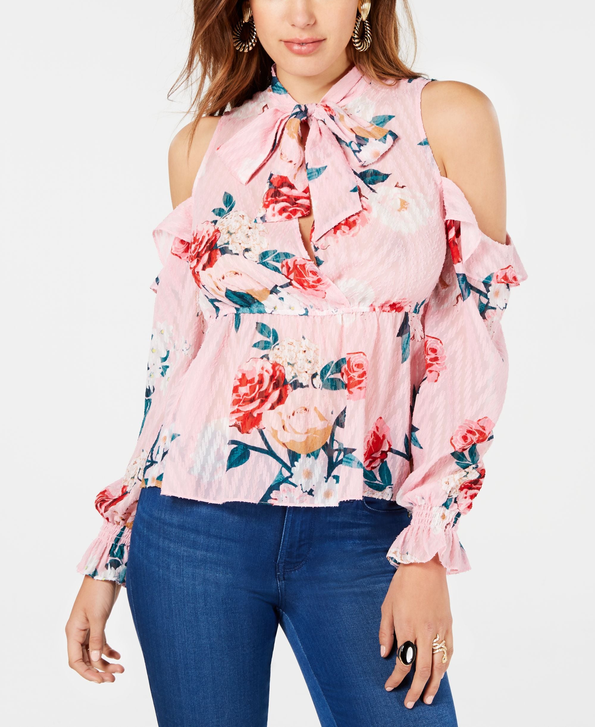 Guess Chloe Cold Shoulder Tie Neck Blouse