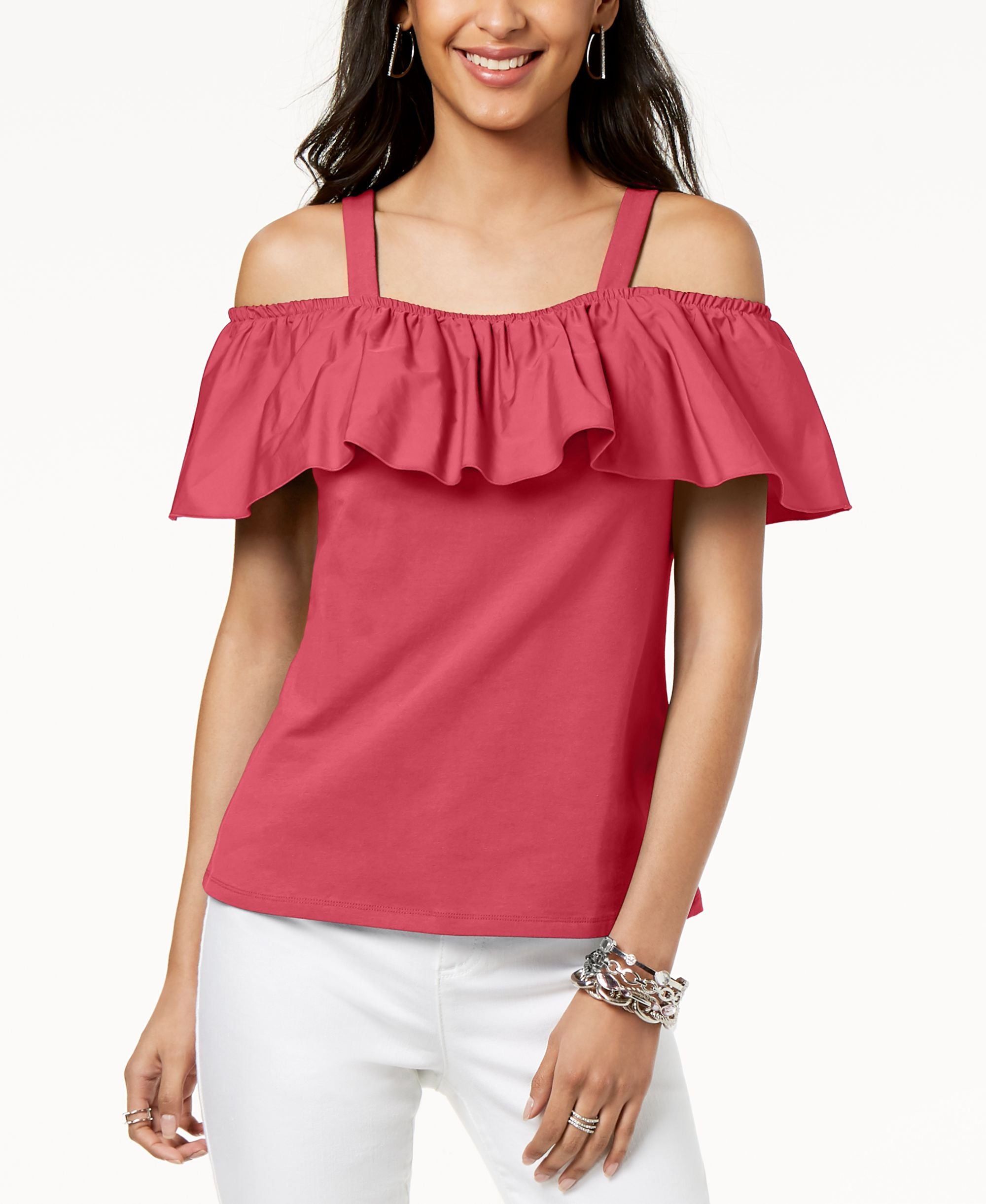 I.N.C. Petite Cold-Shoulder Ruffle Top