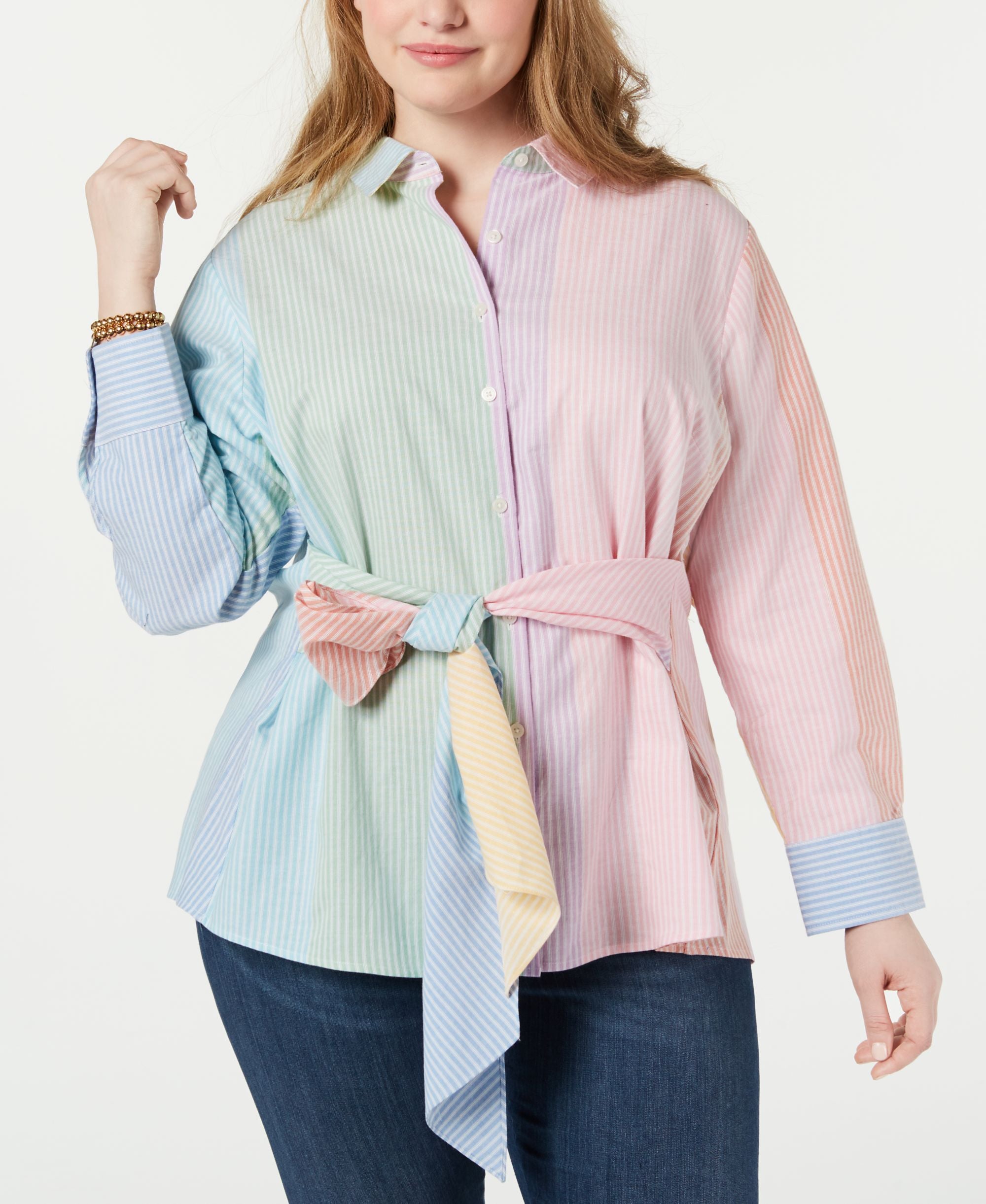 Tommy Hilfiger Plus Size Cotton Multicolor Tie Waist Shirt