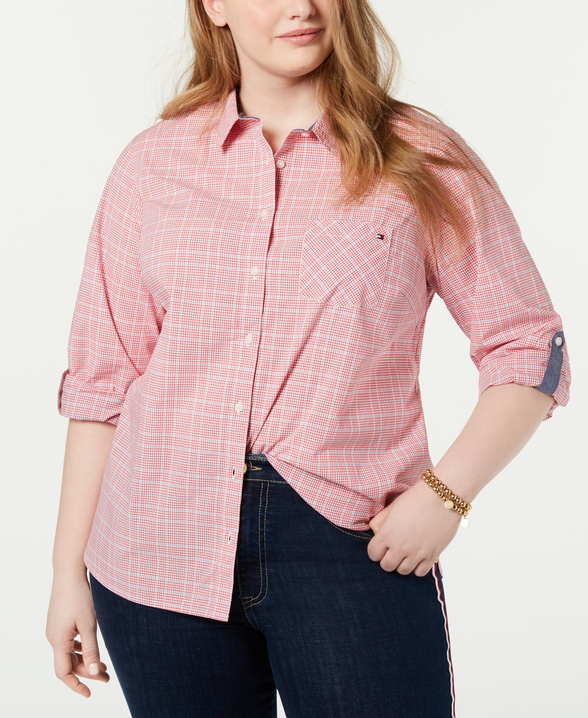 Tommy Hilfiger Plus Size Checkered Cotton Roll Tab Shirt