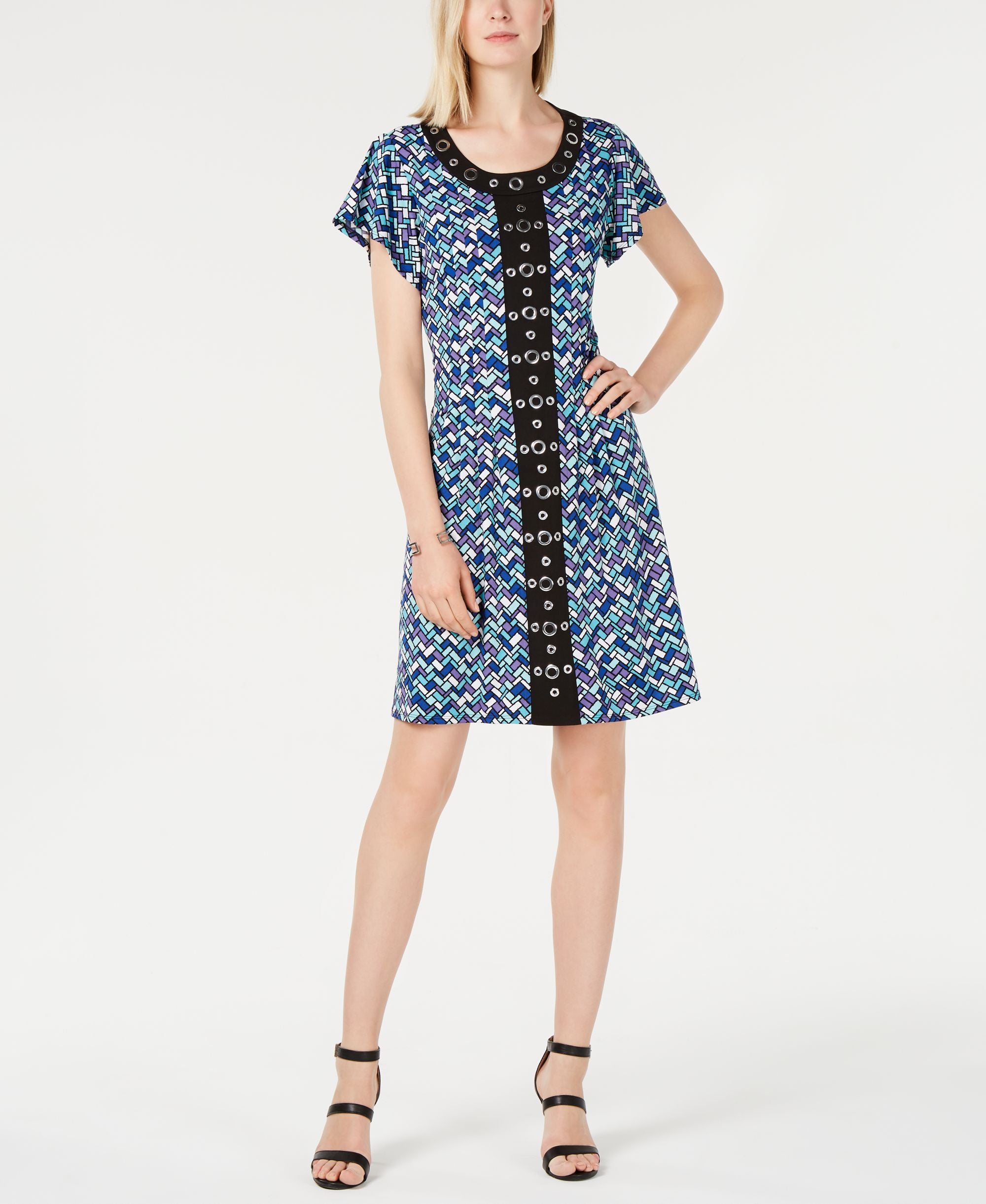 Petite Grommet-Trimmed Printed Dress