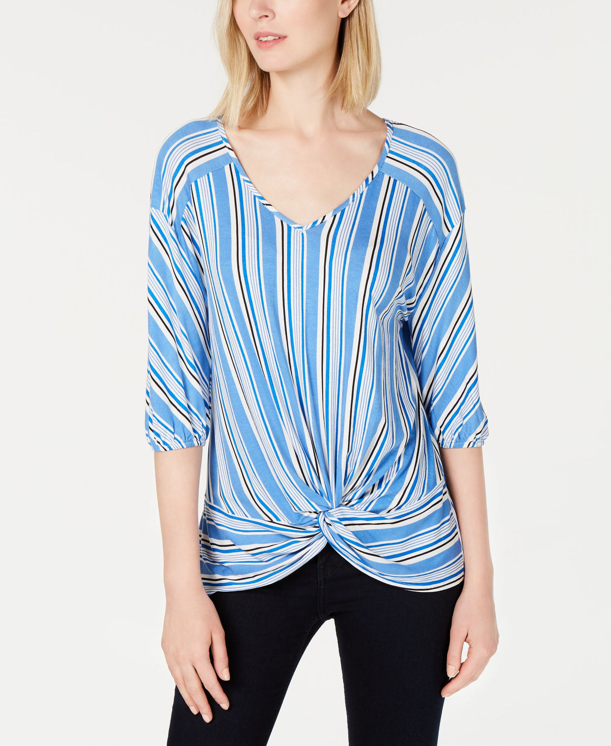 NY Collection Petite Striped Twist Front Top
