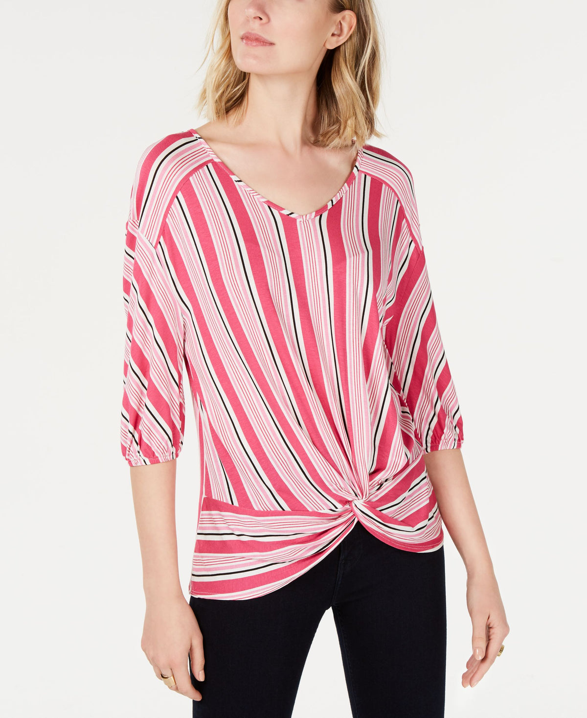 NY Collection Petite Striped Twist Front Top