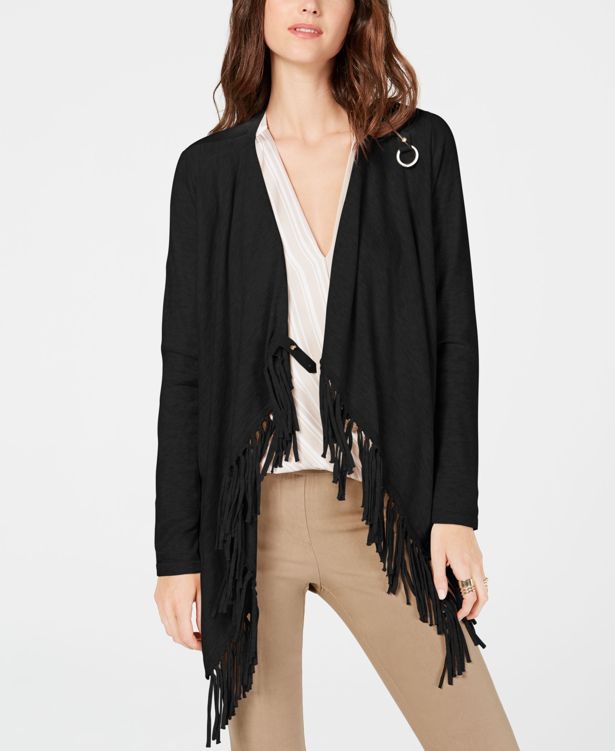 Fringe Trim Draped Cardigan