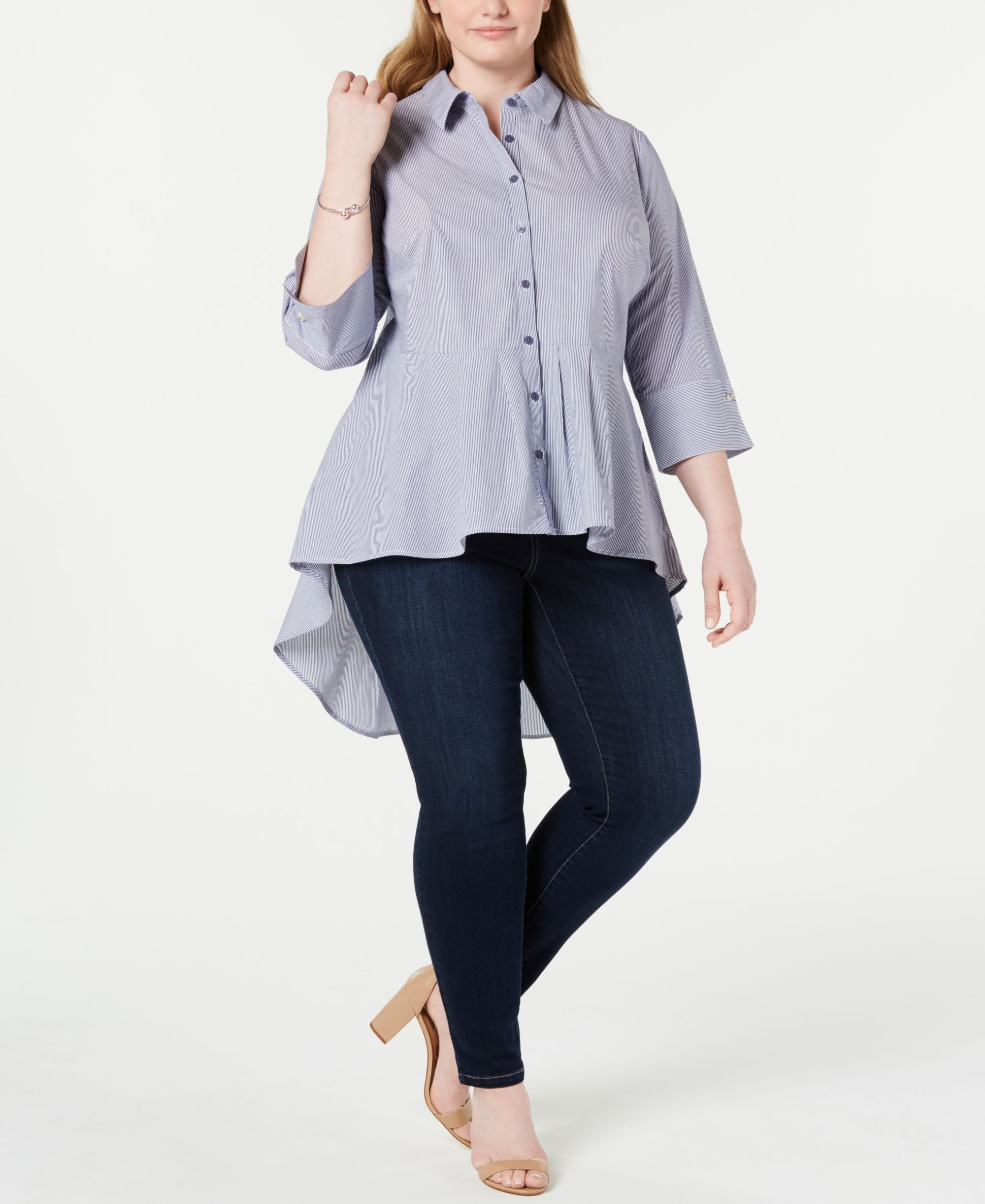 Plus Size Cotton Pleated High-Low Blouse