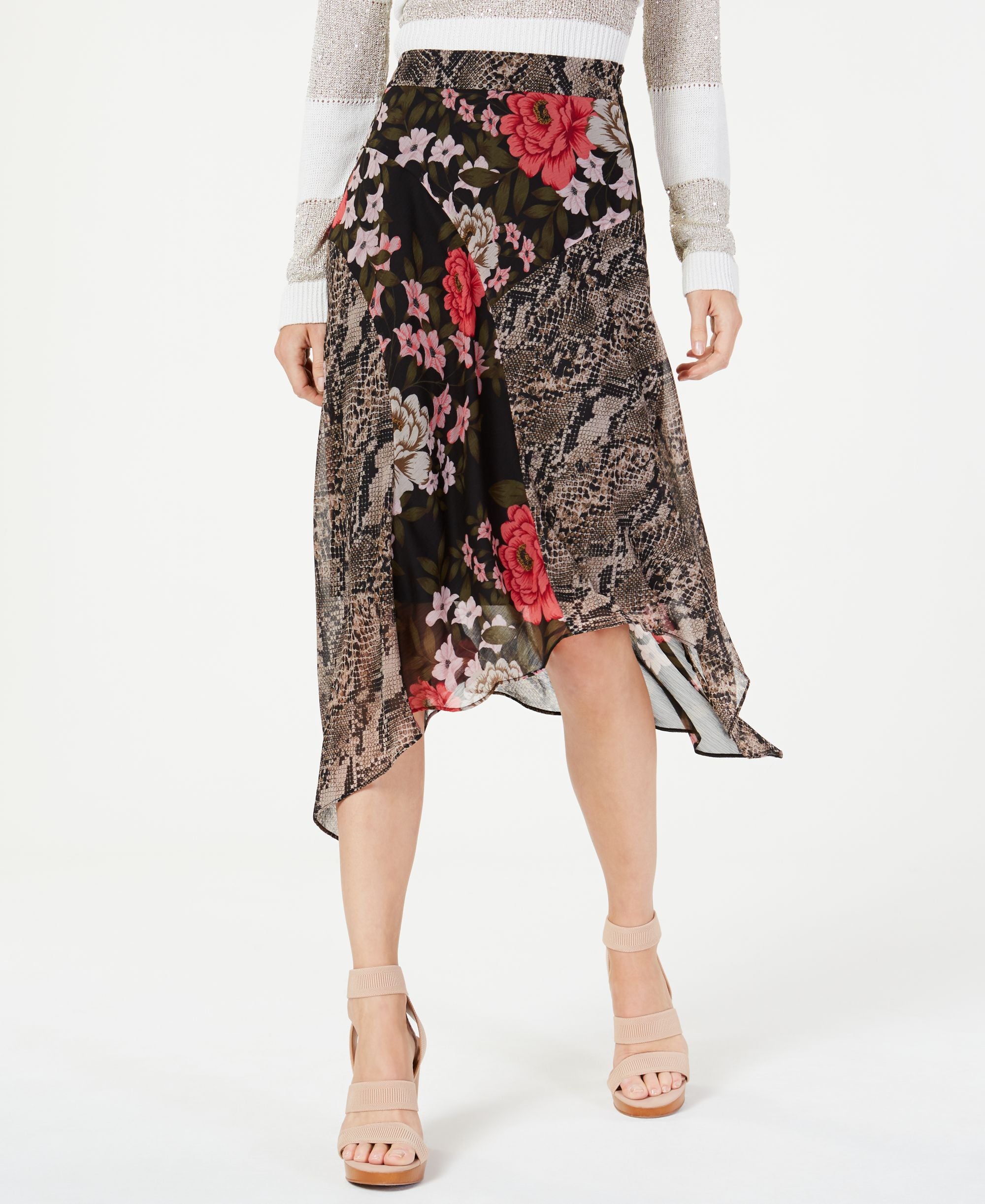 Mixed Print Floral Midi Skirt