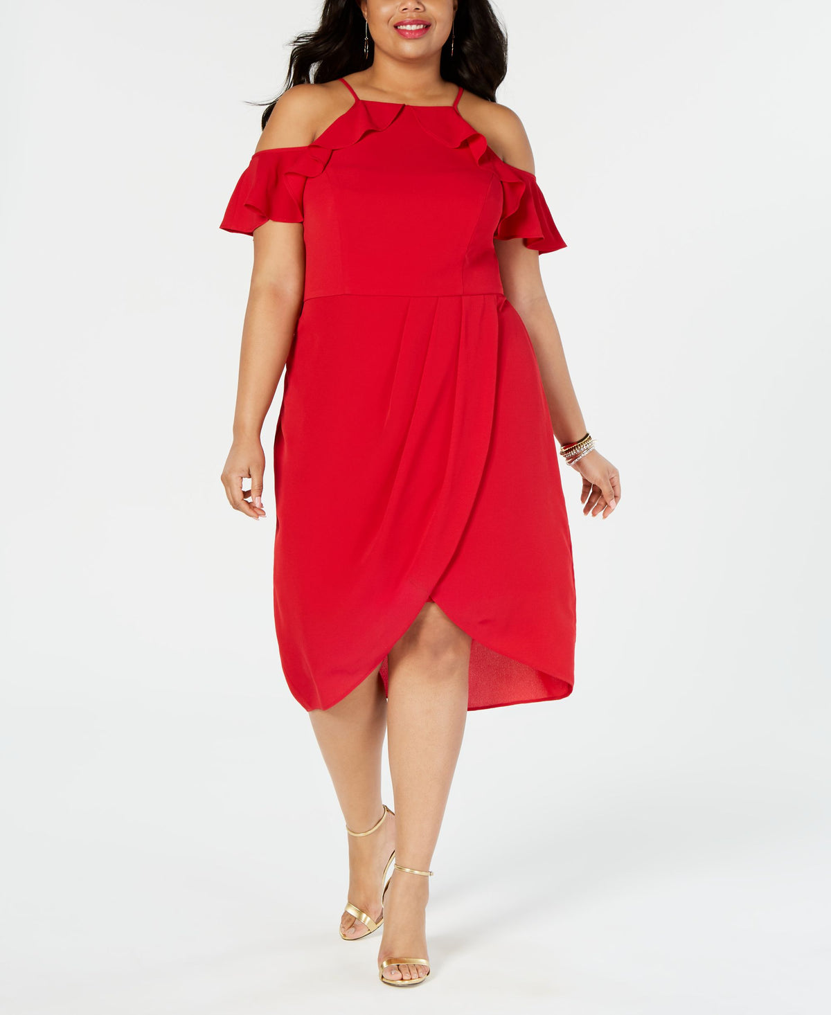 City Studios Plus Size Cold Shoulder Ruffle Trim Dress