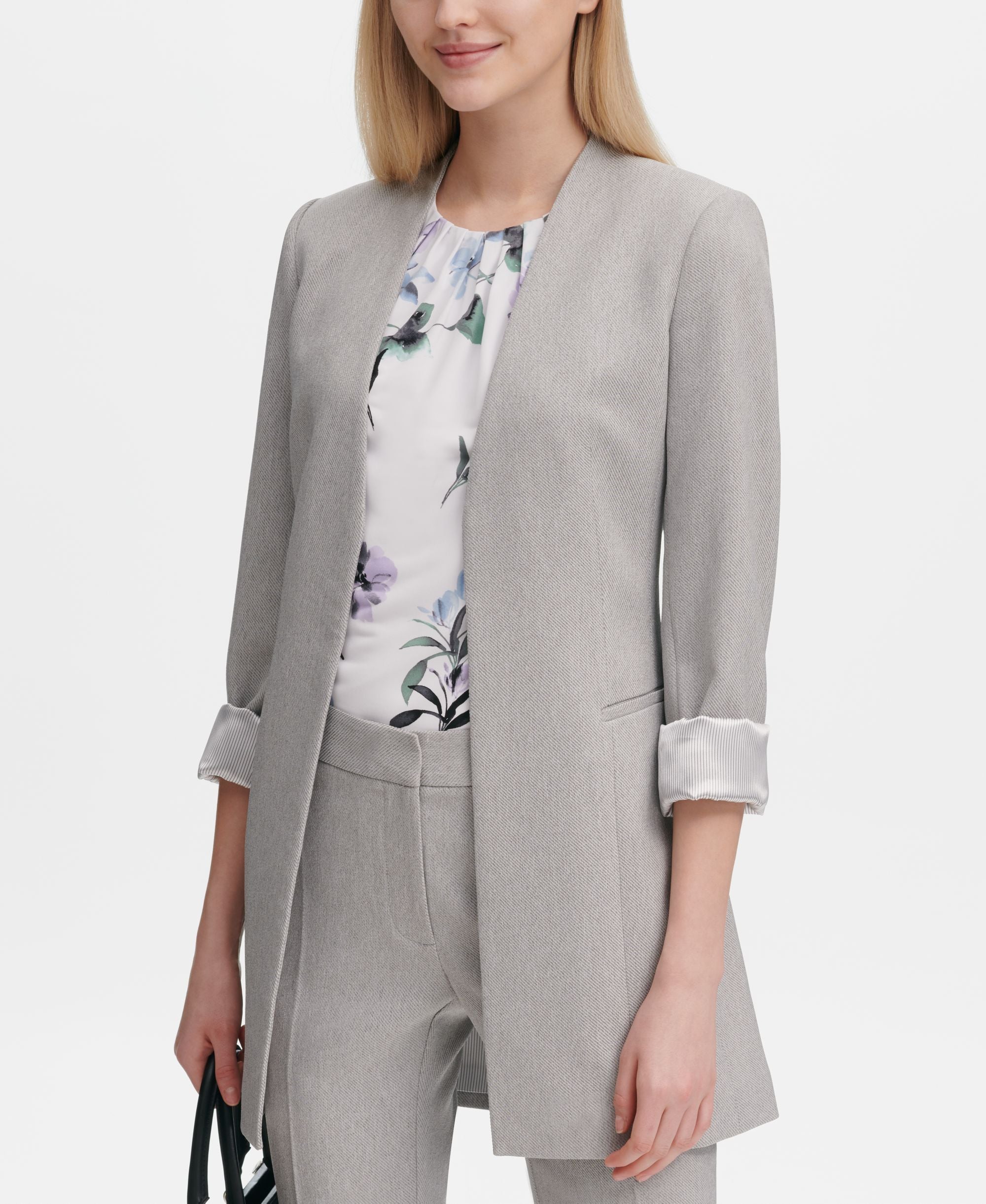 Calvin Klein Open-Front Long Herringbone Jacket Tin White 14