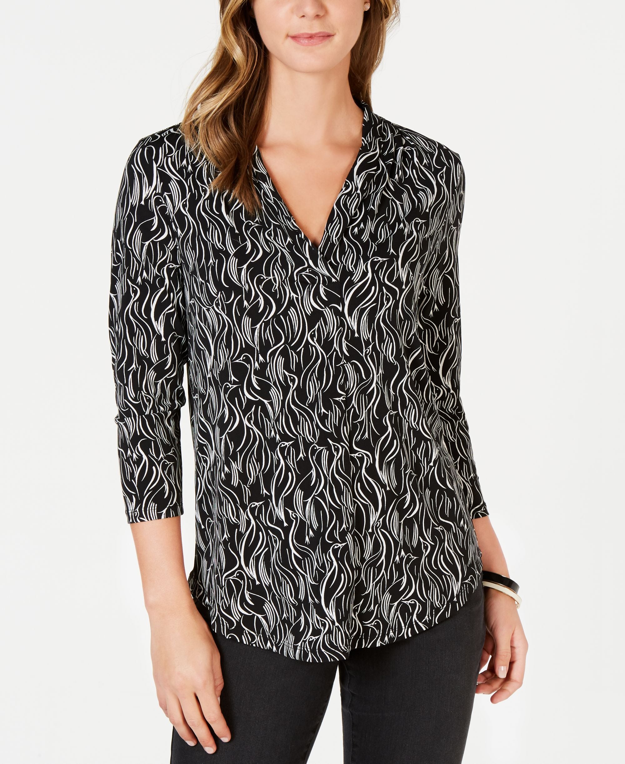 Charter Club Bird Print V Neck Top
