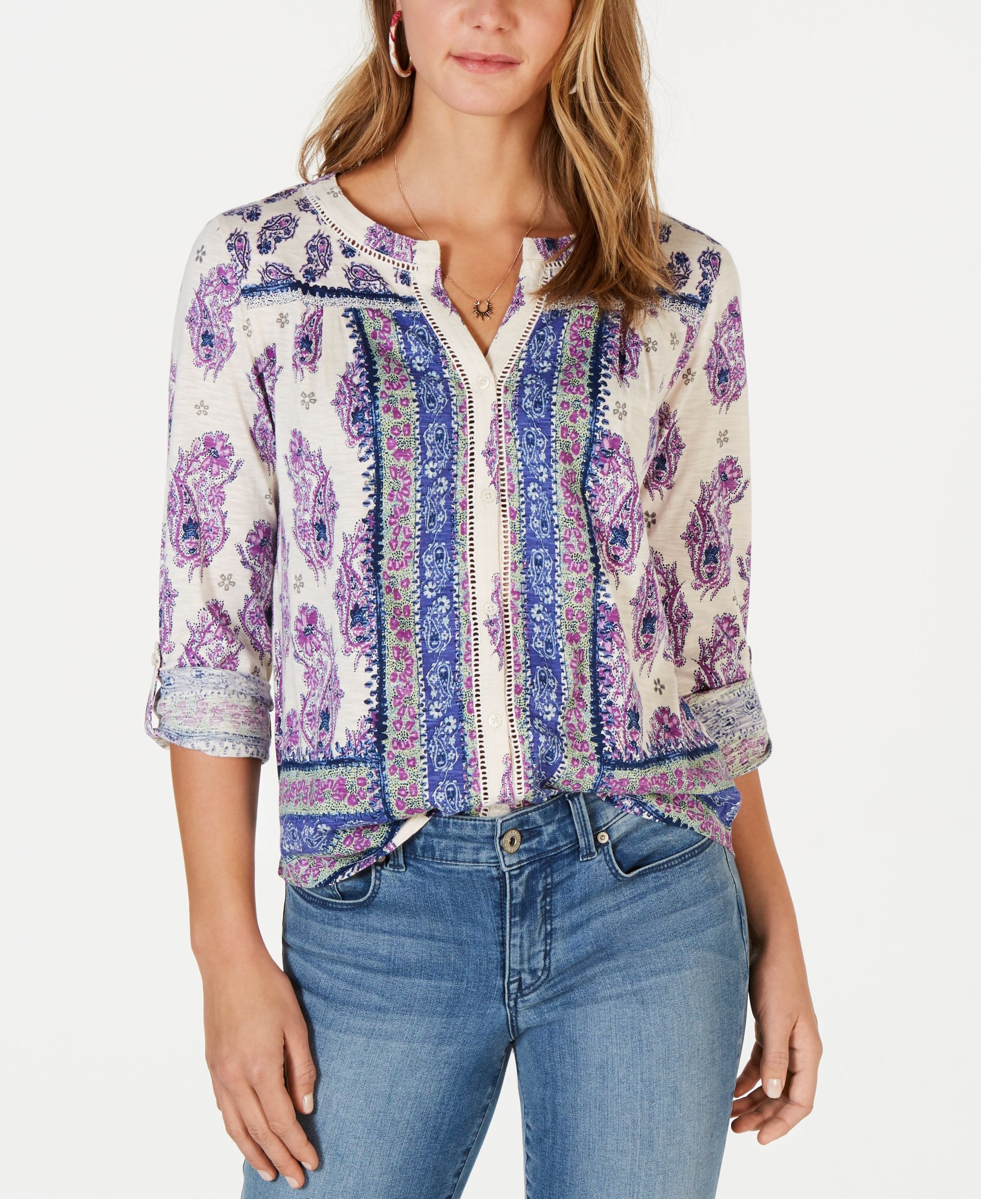 Style & Co Printed Split Neck Top