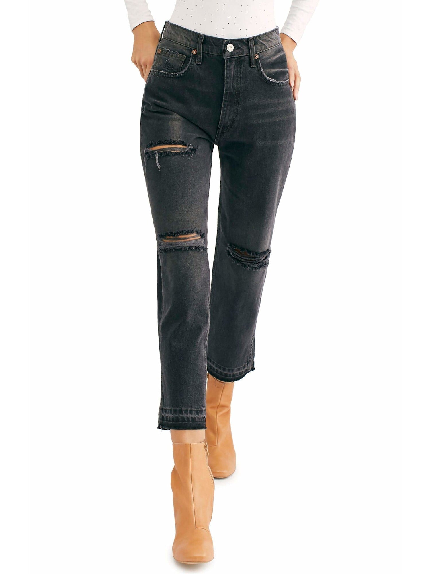Free People Womens Lita Denim Distressed Straight Leg Jeans Black 30