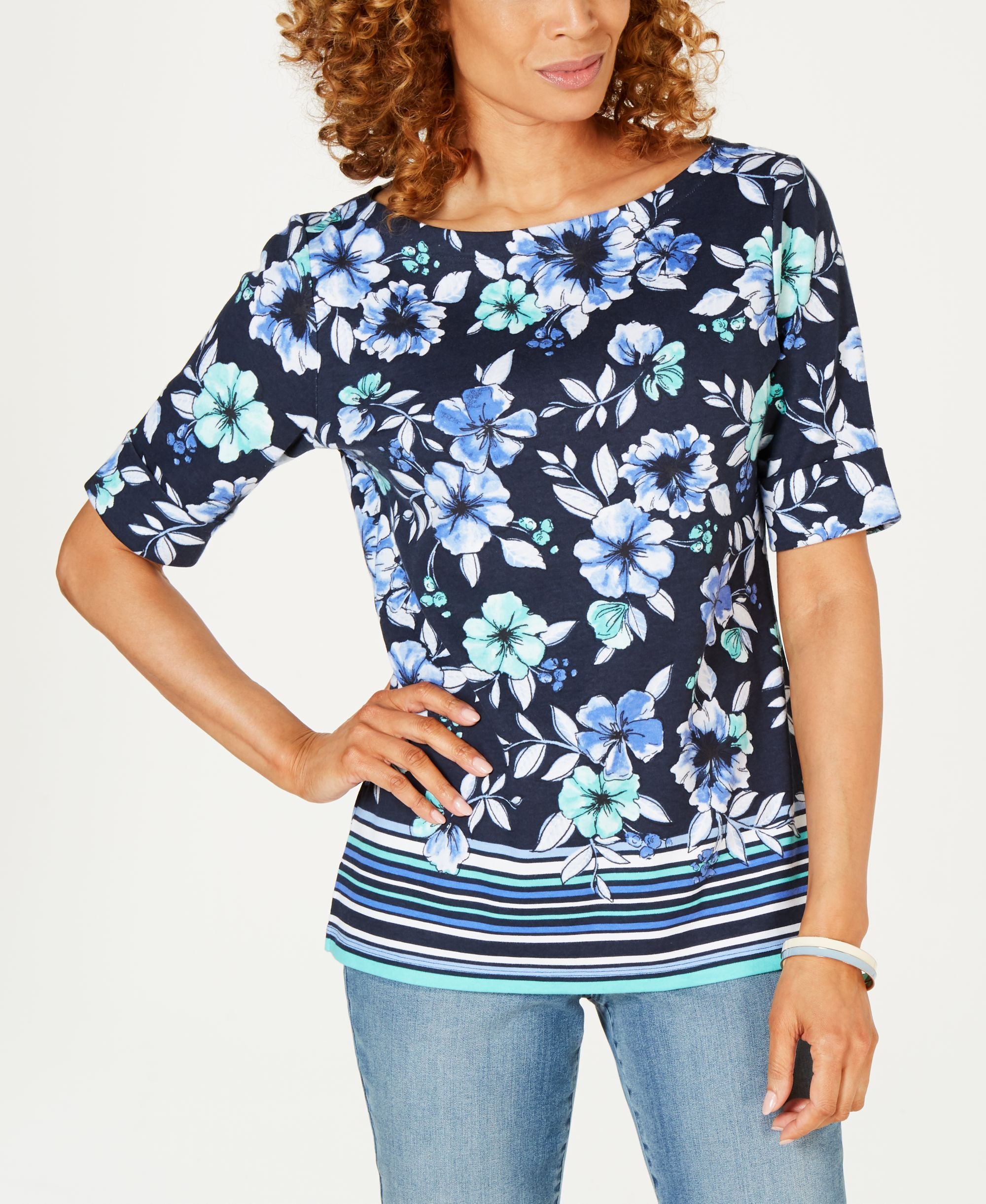 Karen Scott Boat Neck Floral Print Border Top