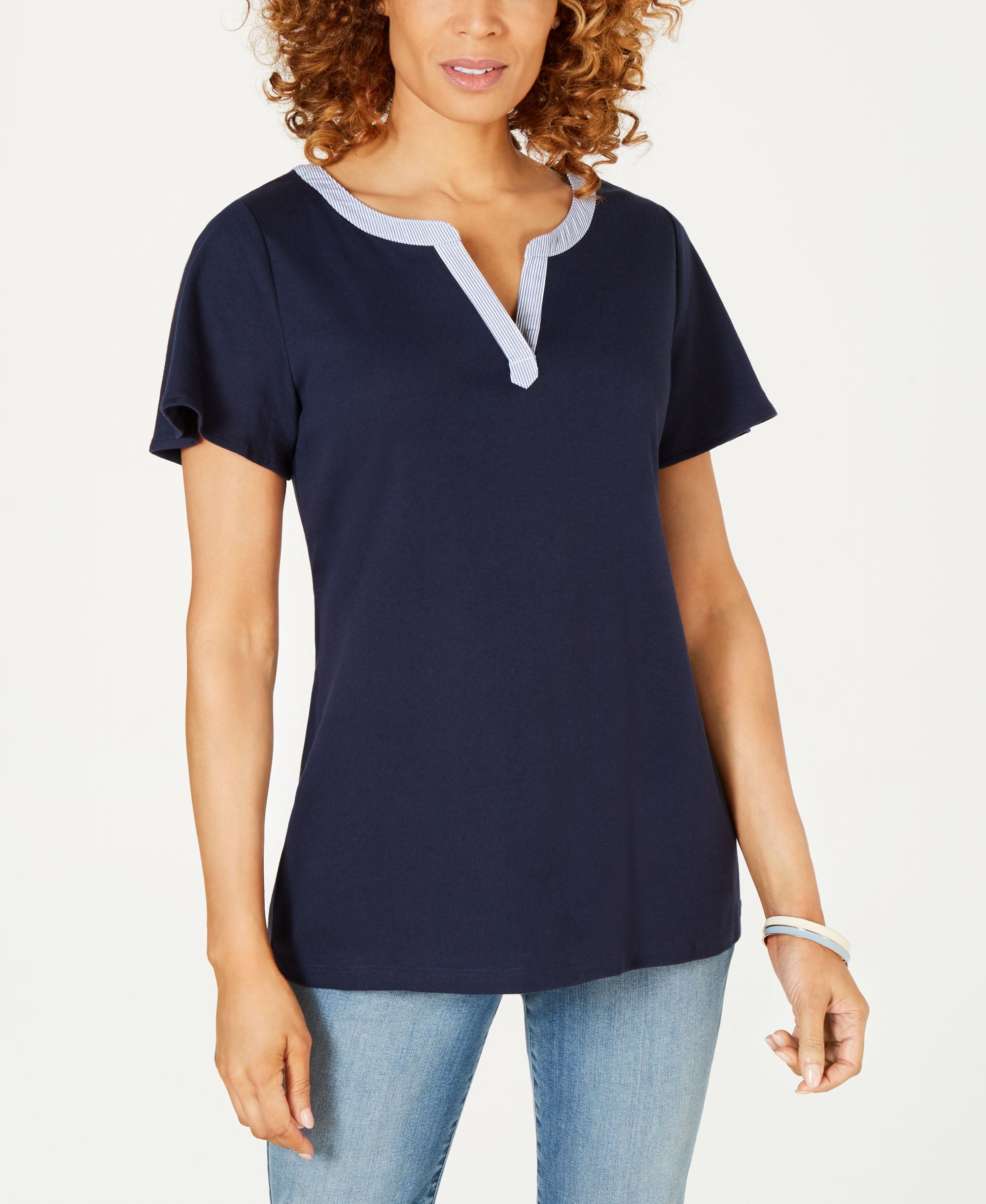 Karen Scott Striped Trim Split Neck Top