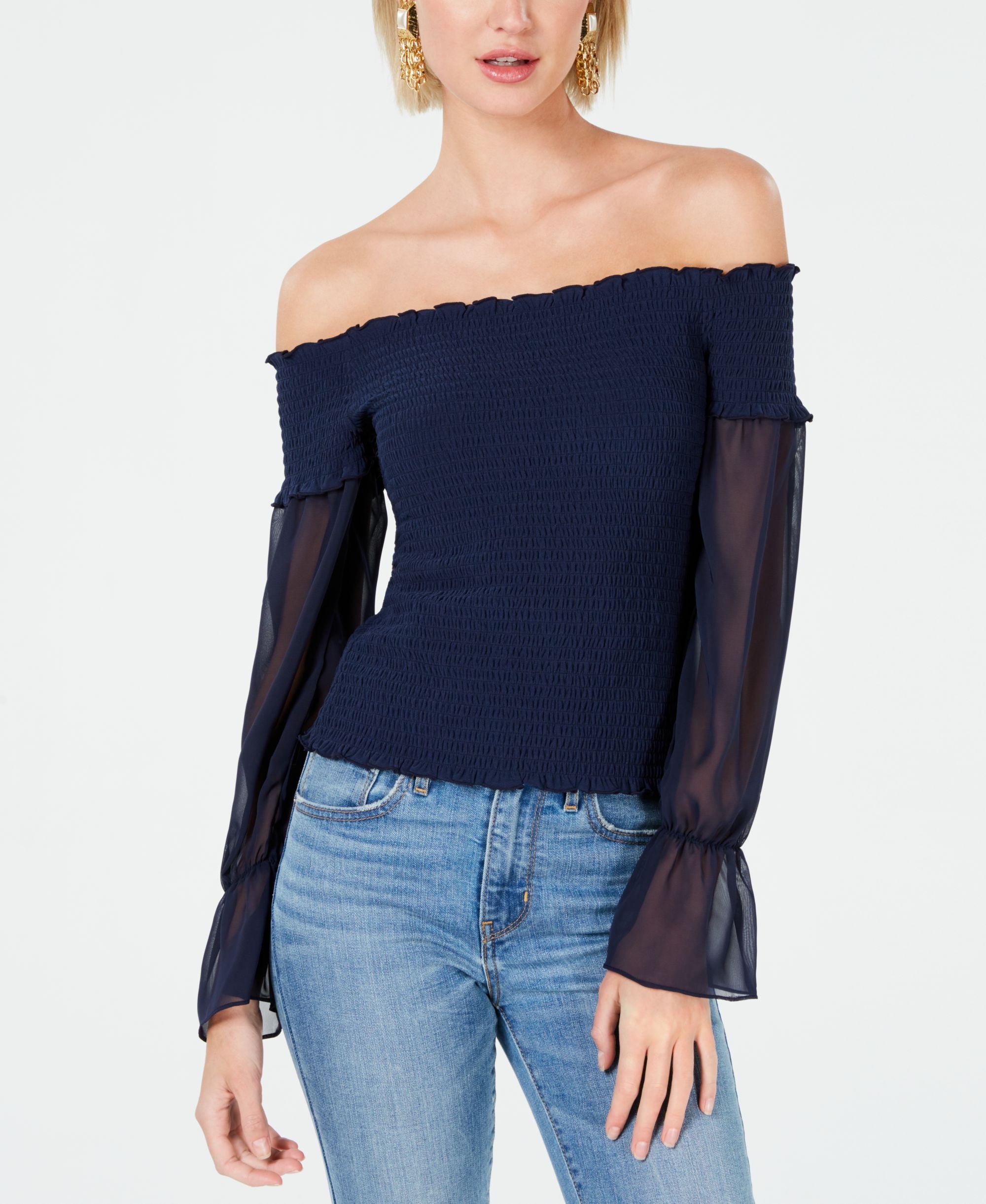 Bar III Off The Shoulder Mixed Media Mesh Sleeve Top