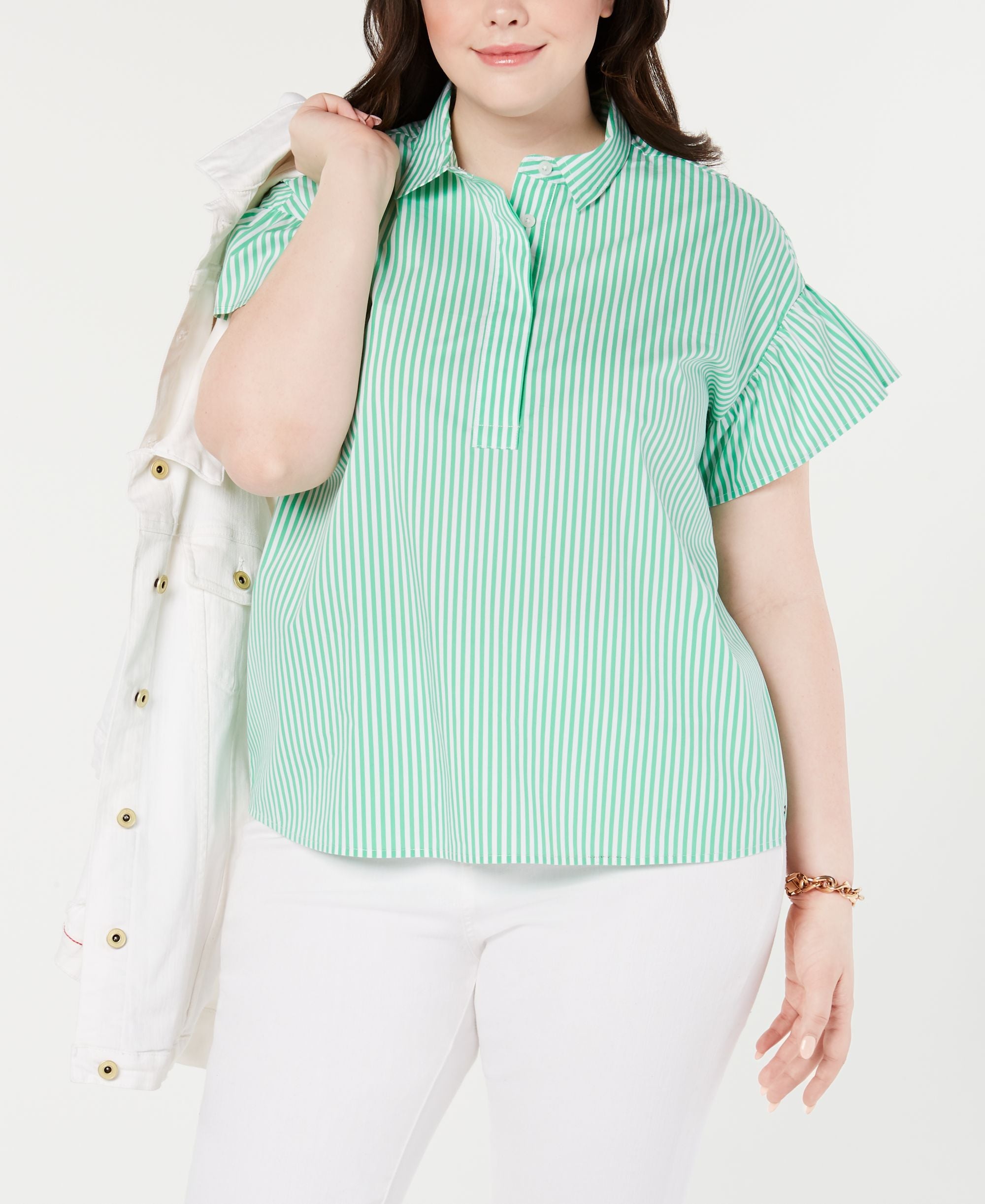 Tommy Hilfiger Plus Size Striped Ruffle Sleeve Top