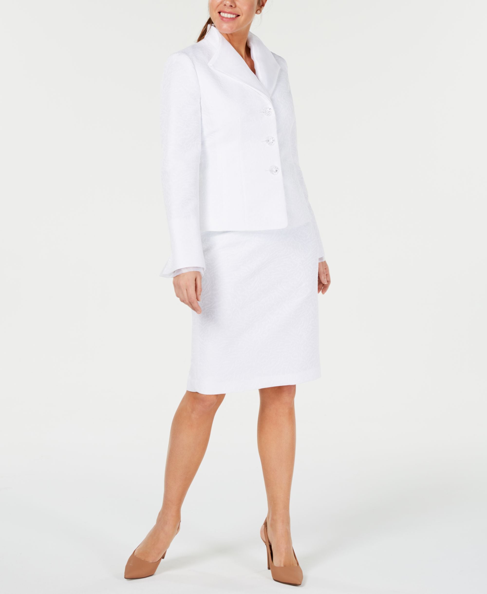 Le Suit Petite Chiffon Trim Jacquard Skirt Suit