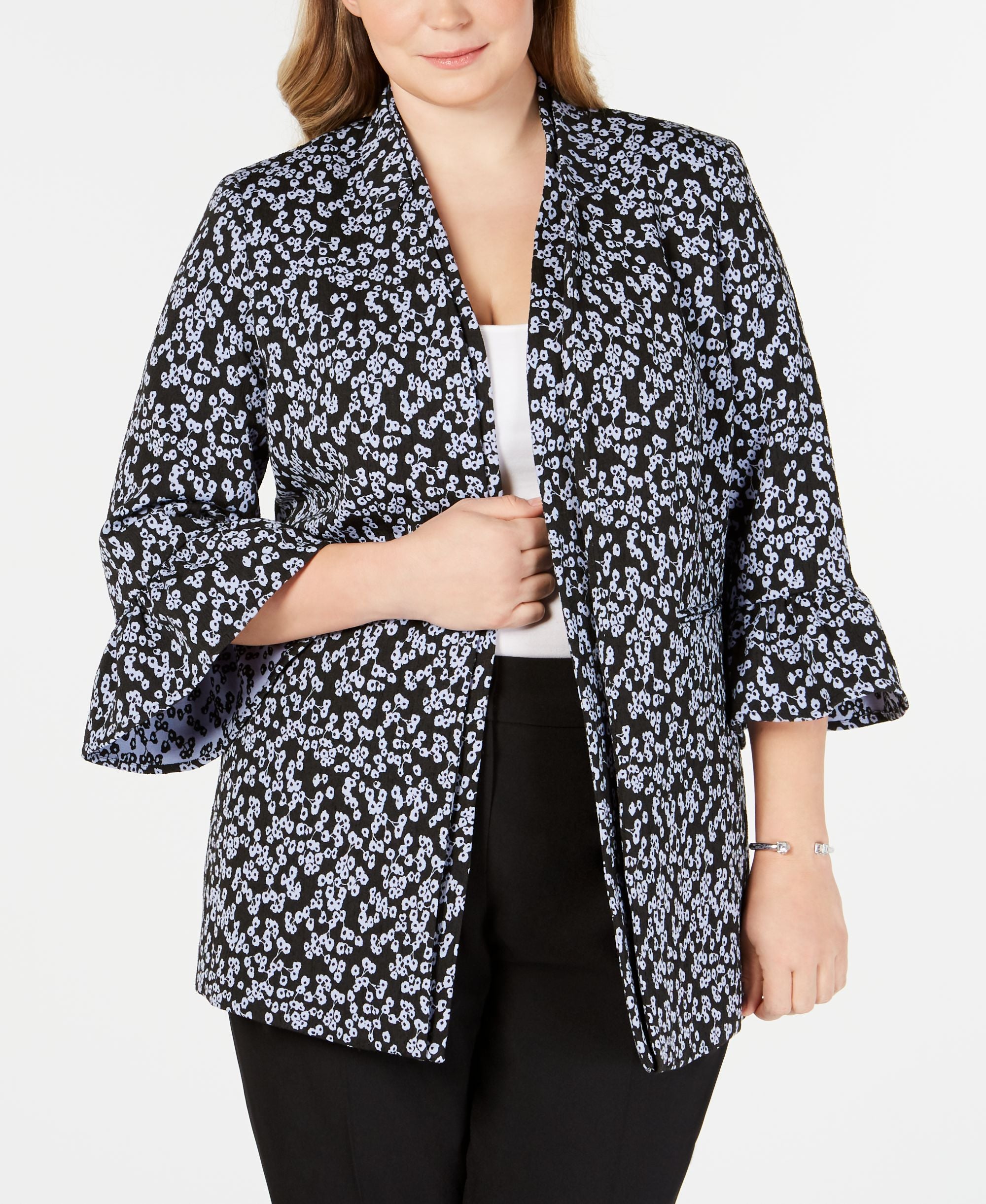 Nine West Plus Size Floral Print Bell Sleeve Jacket