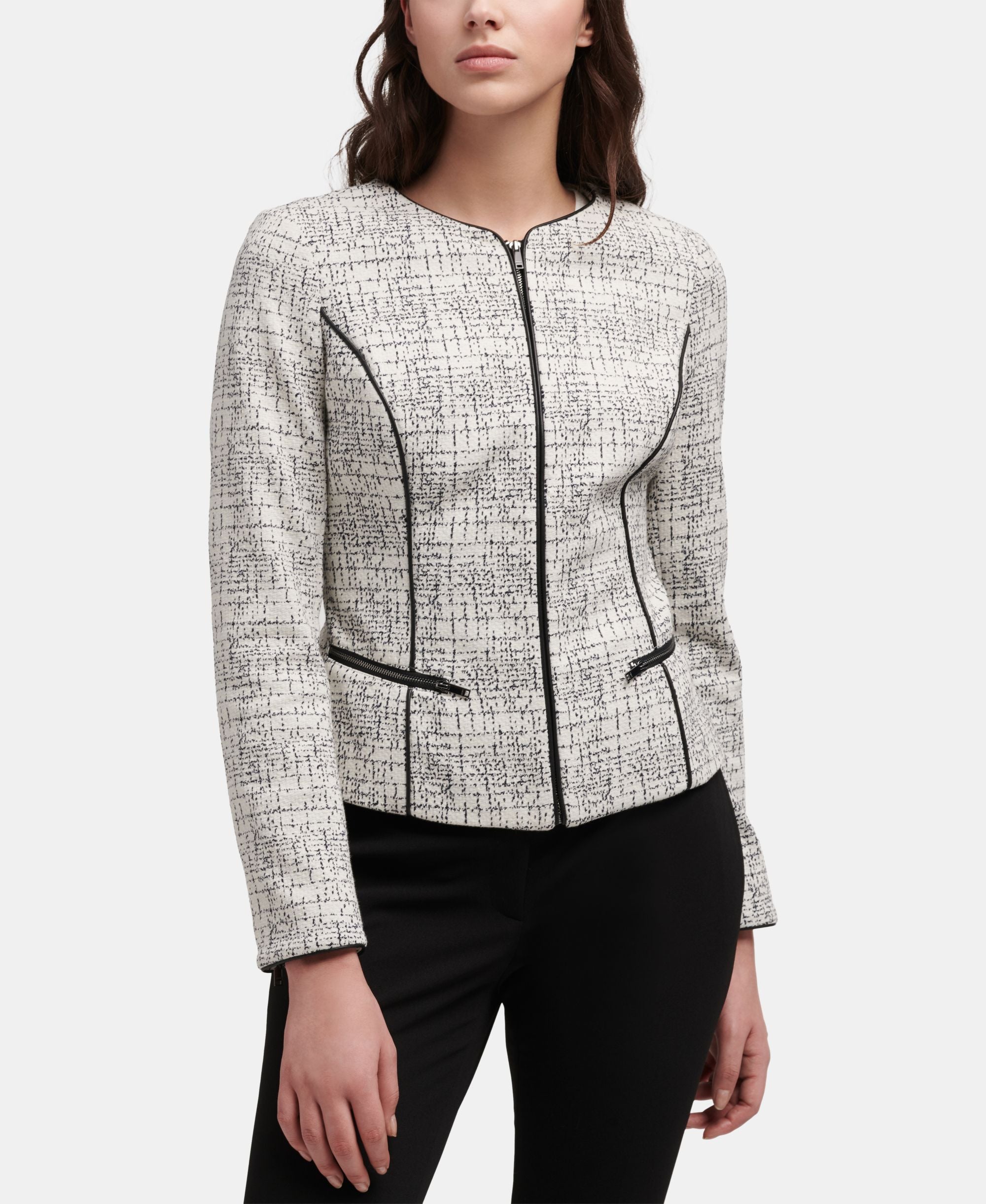 DKNY Printed Zip Up Jacket With Faux Leather Trim