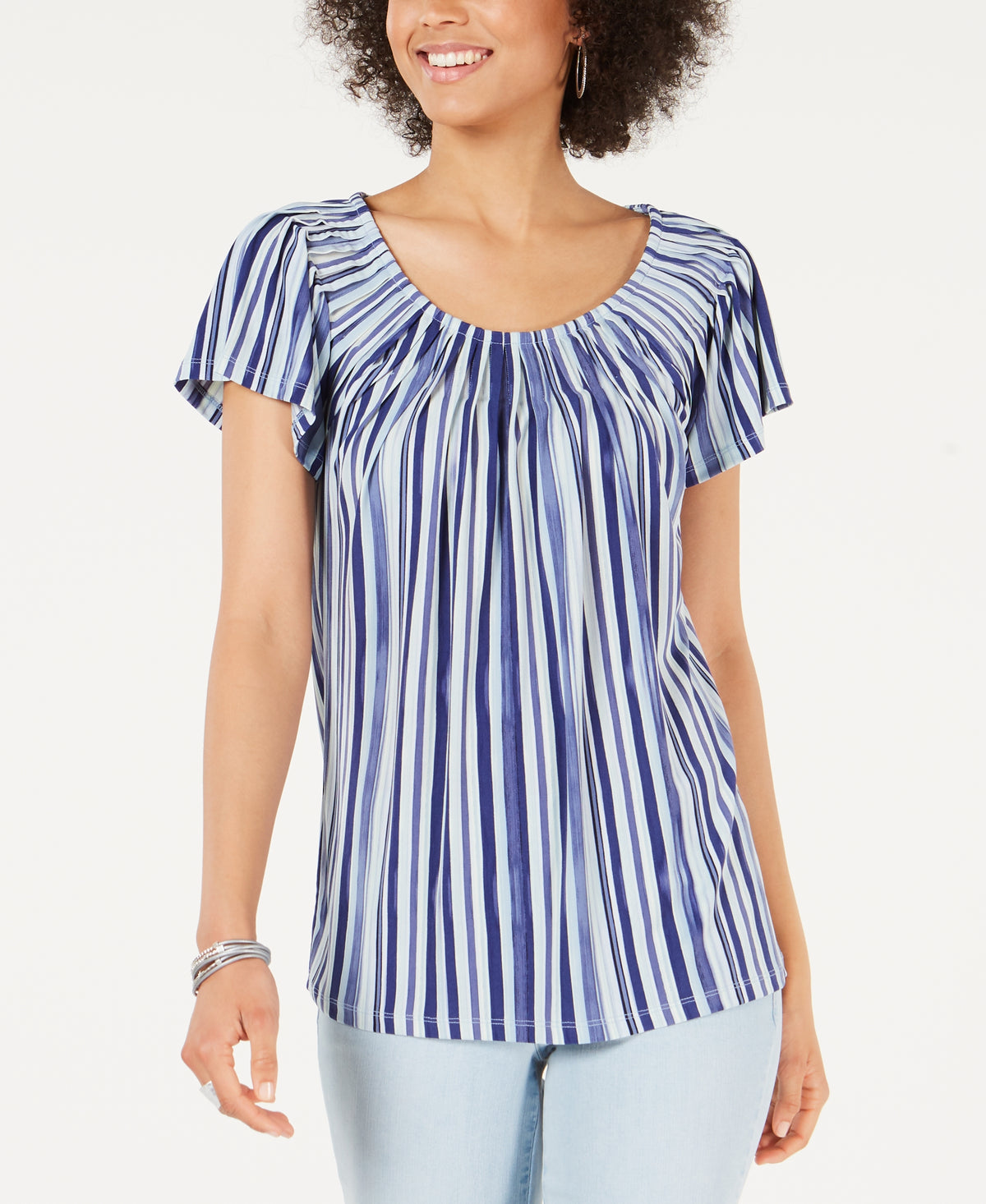 Printed Pleated Scoop-Neck Top