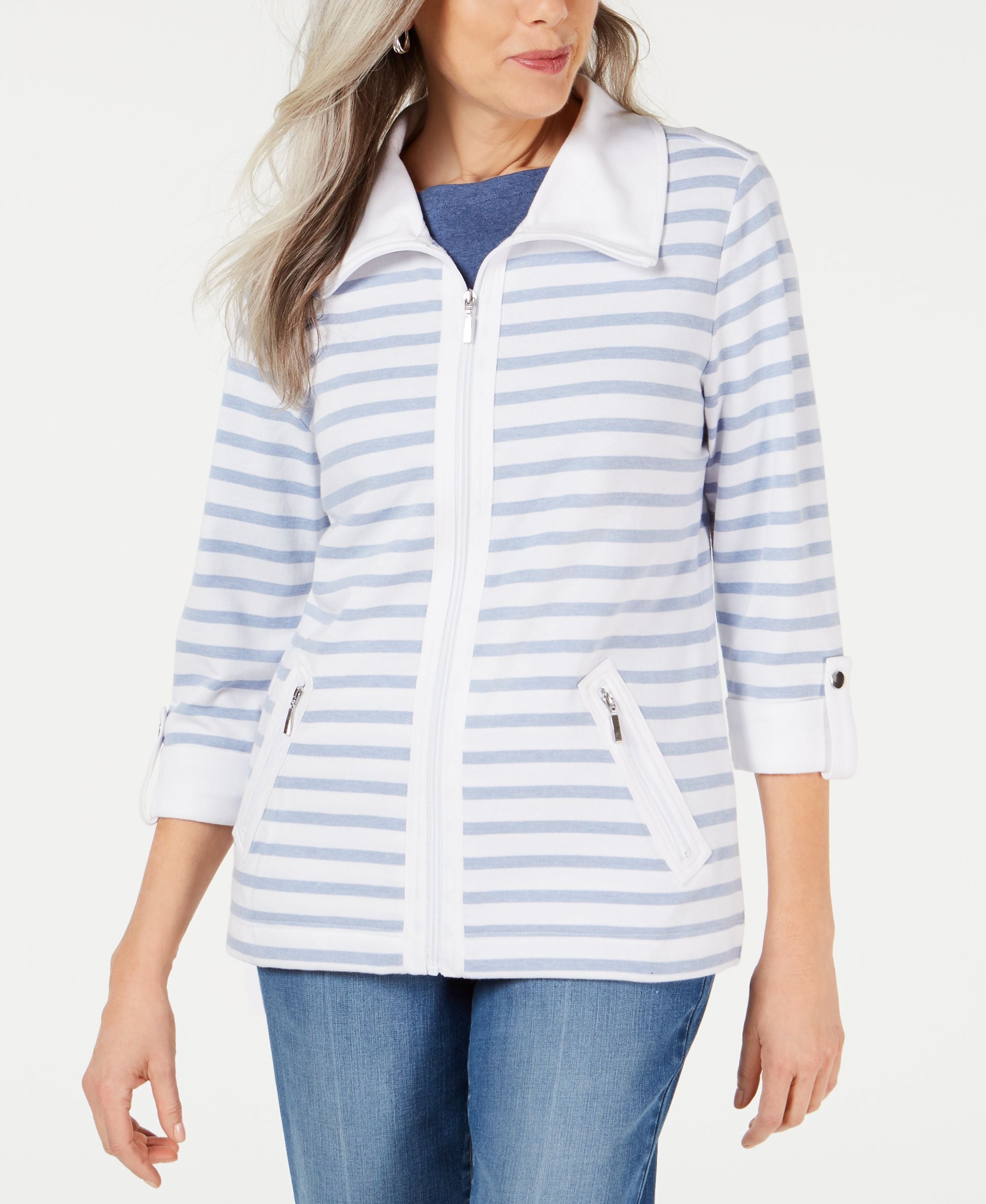 Karen Scott Petite Striped Zip Front Jacket