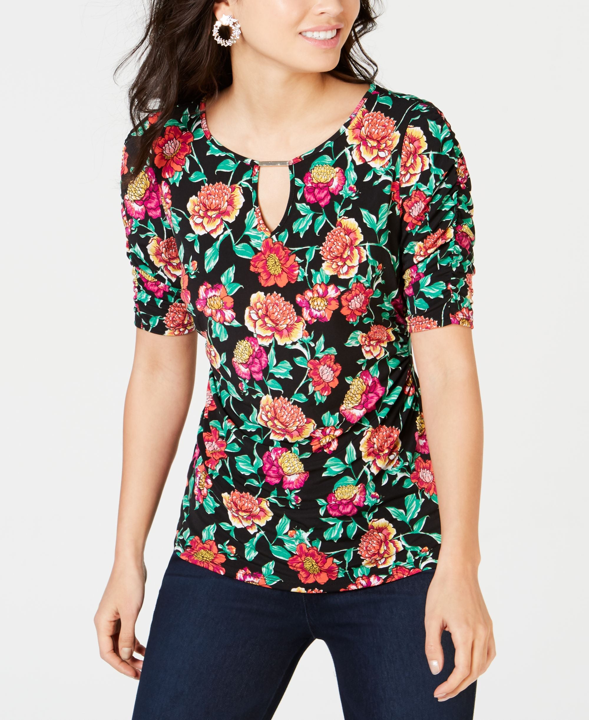 Thalia Sodi Printed Elbow Sleeve Keyhole Top