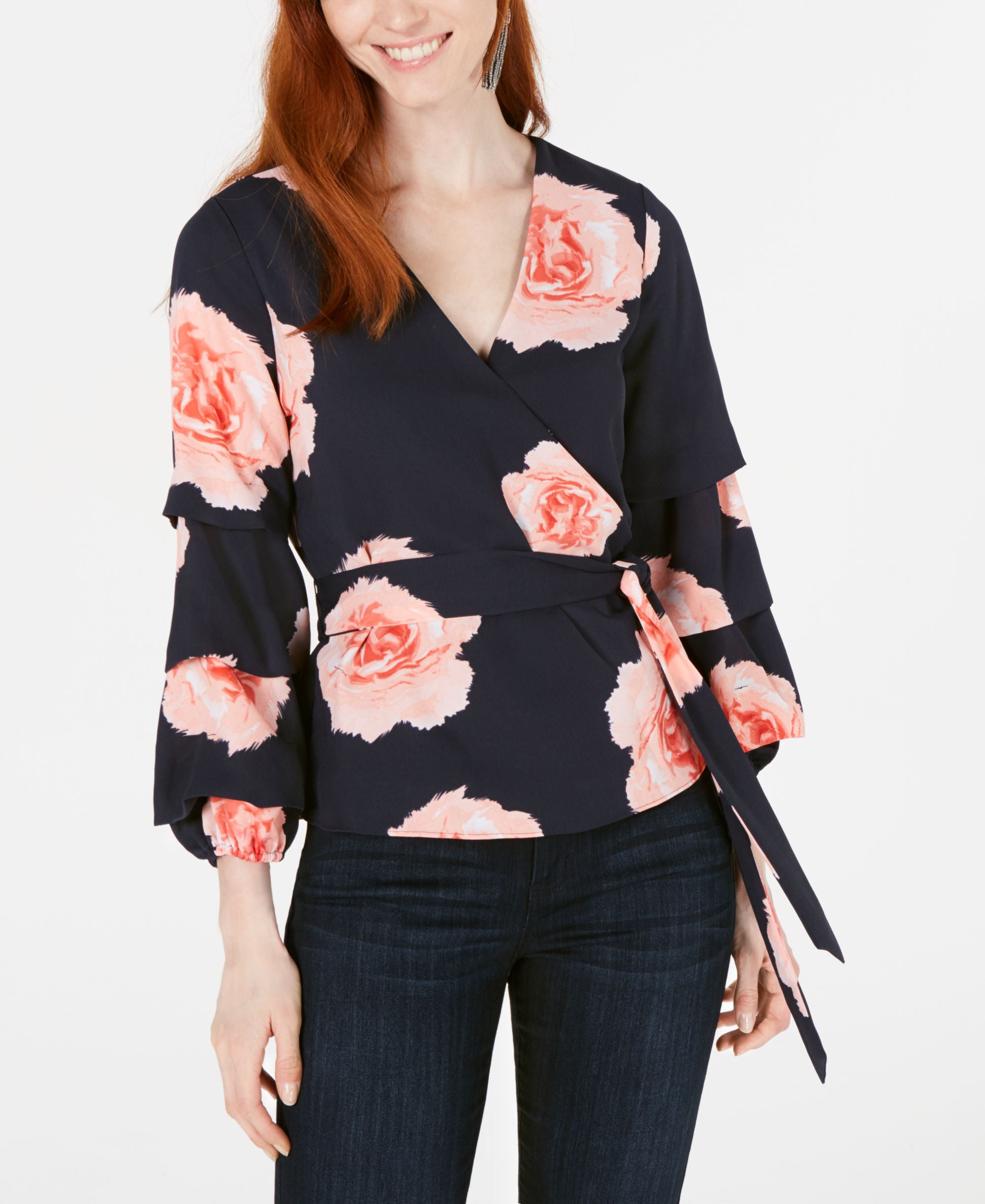 Bar III Floral Print Surplice Blouson Top
