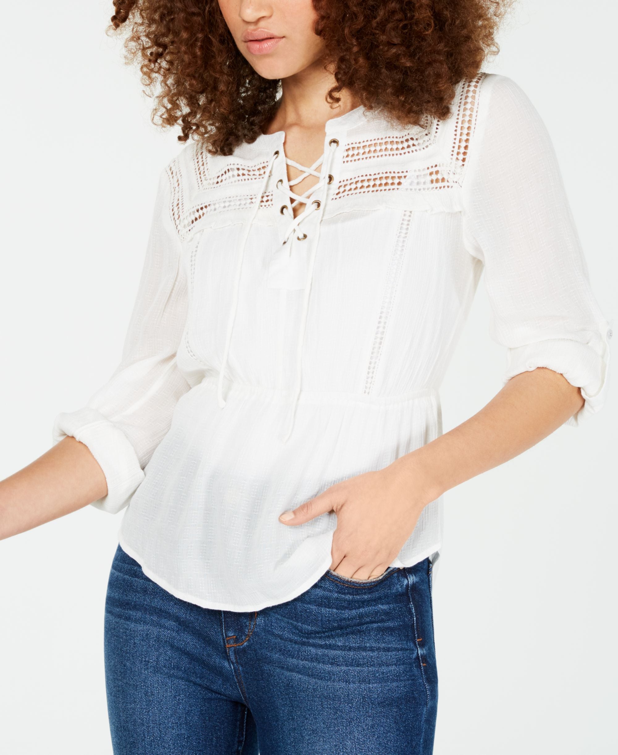 American Rag Juniors Crochet Trimmed Lace Up Peasant Blouse