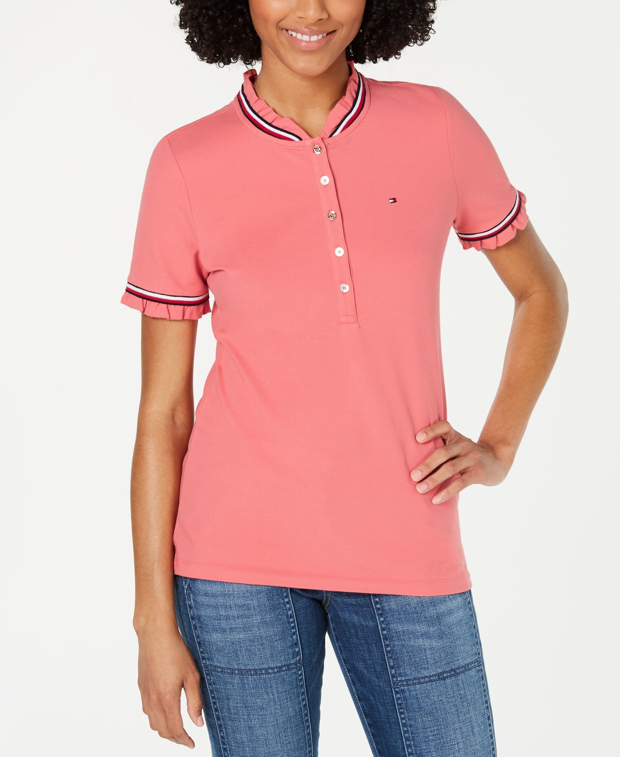 Tommy Hilfiger Ruffled Striped Trim Top