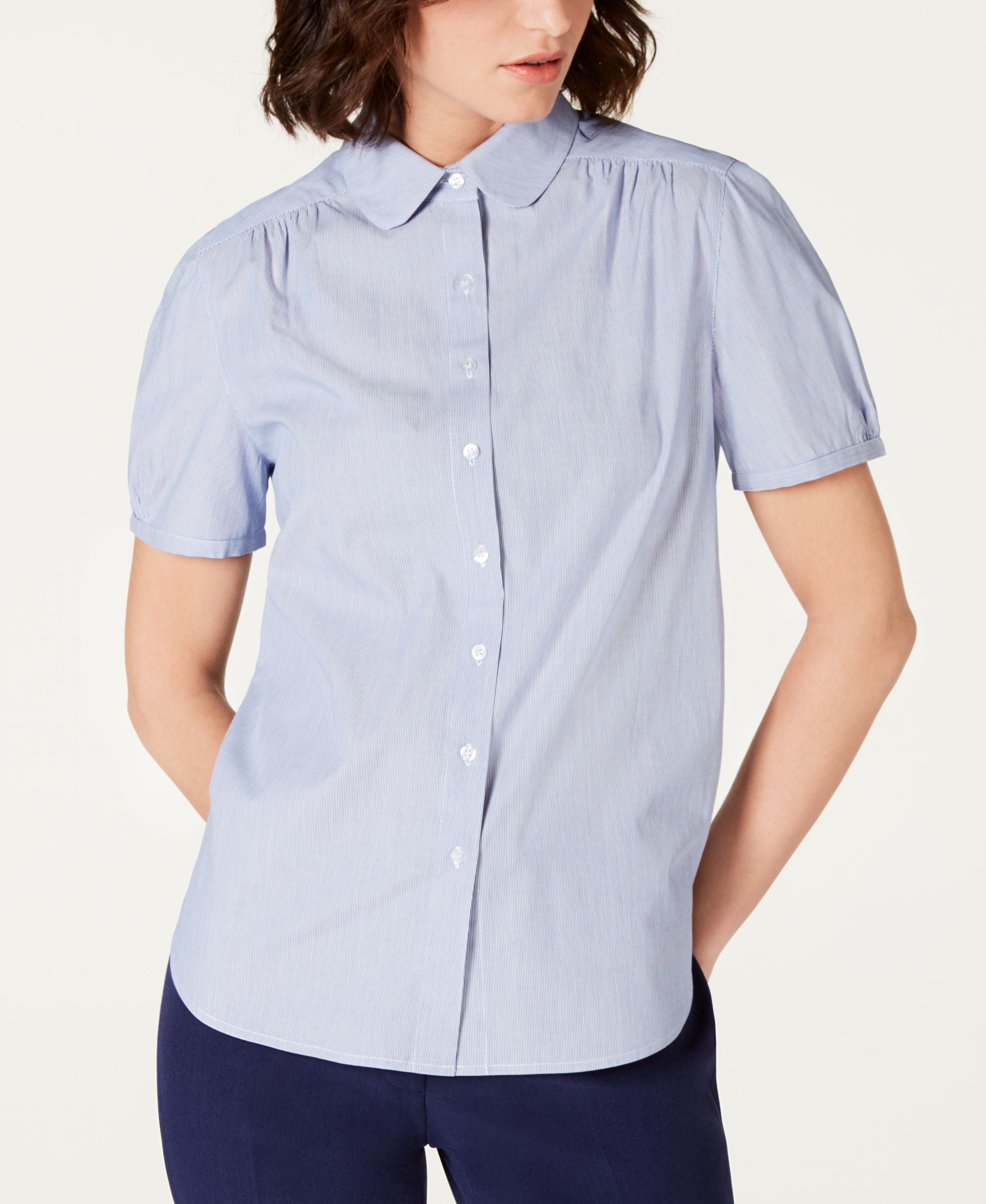 Anne Klein Cotton Striped Button Up Blouse