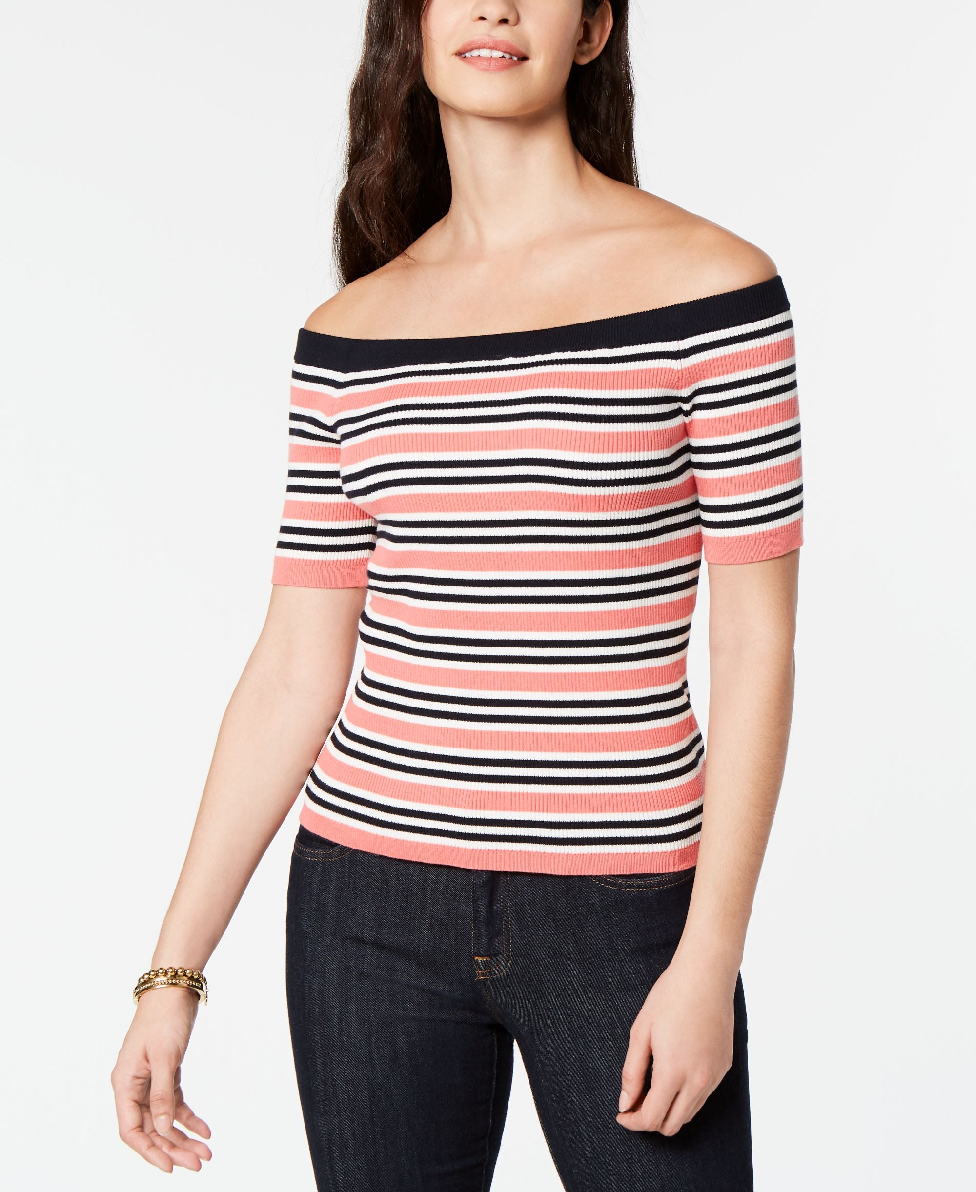 Tommy Hilfiger Cotton Off The Shoulder Ribbed Sweater