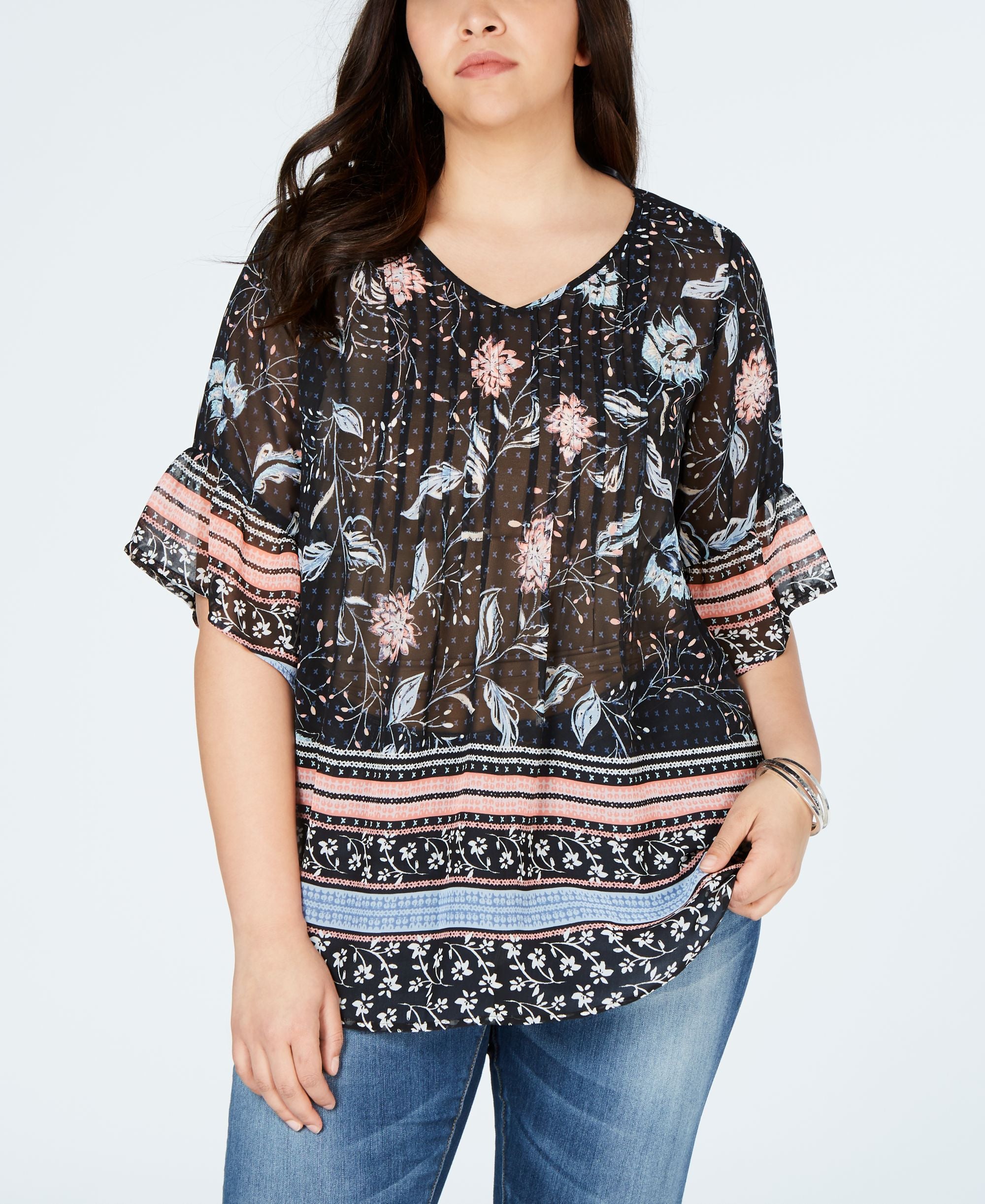 Plus Size Printed Pintucked Blouse