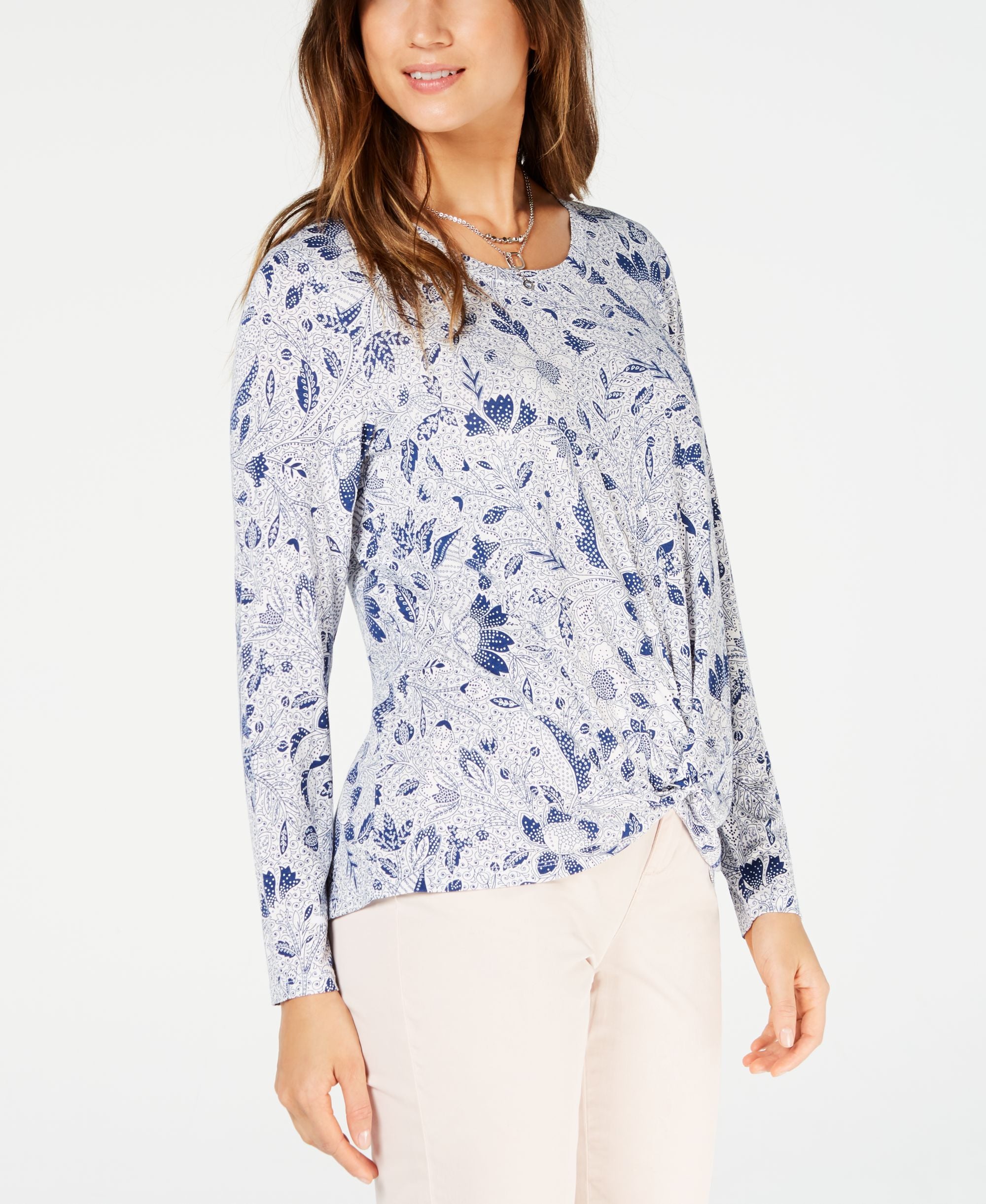 Style & Co Petite Printed Twist Front Top
