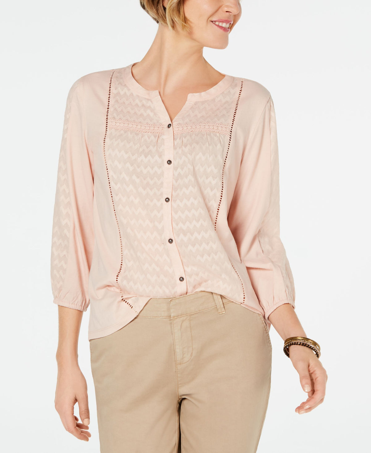 Ladder-Trim Bubble-Sleeve Top