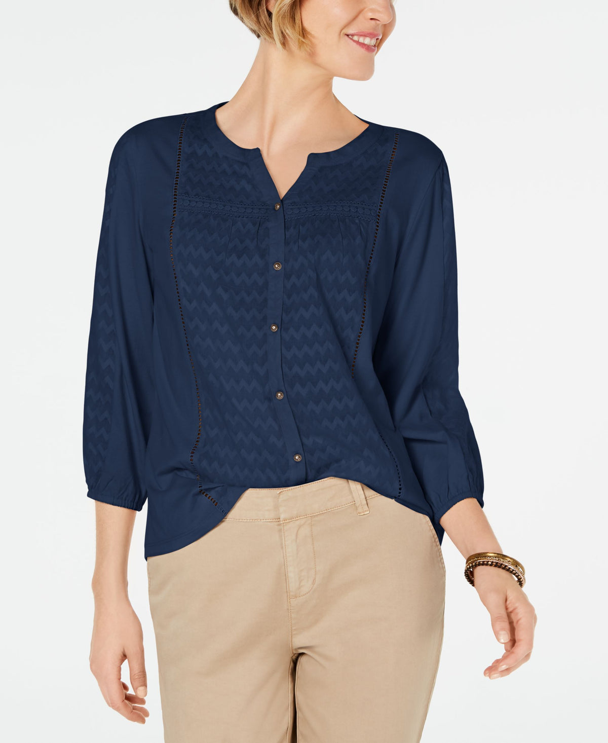Ladder-Trim Bubble-Sleeve Top