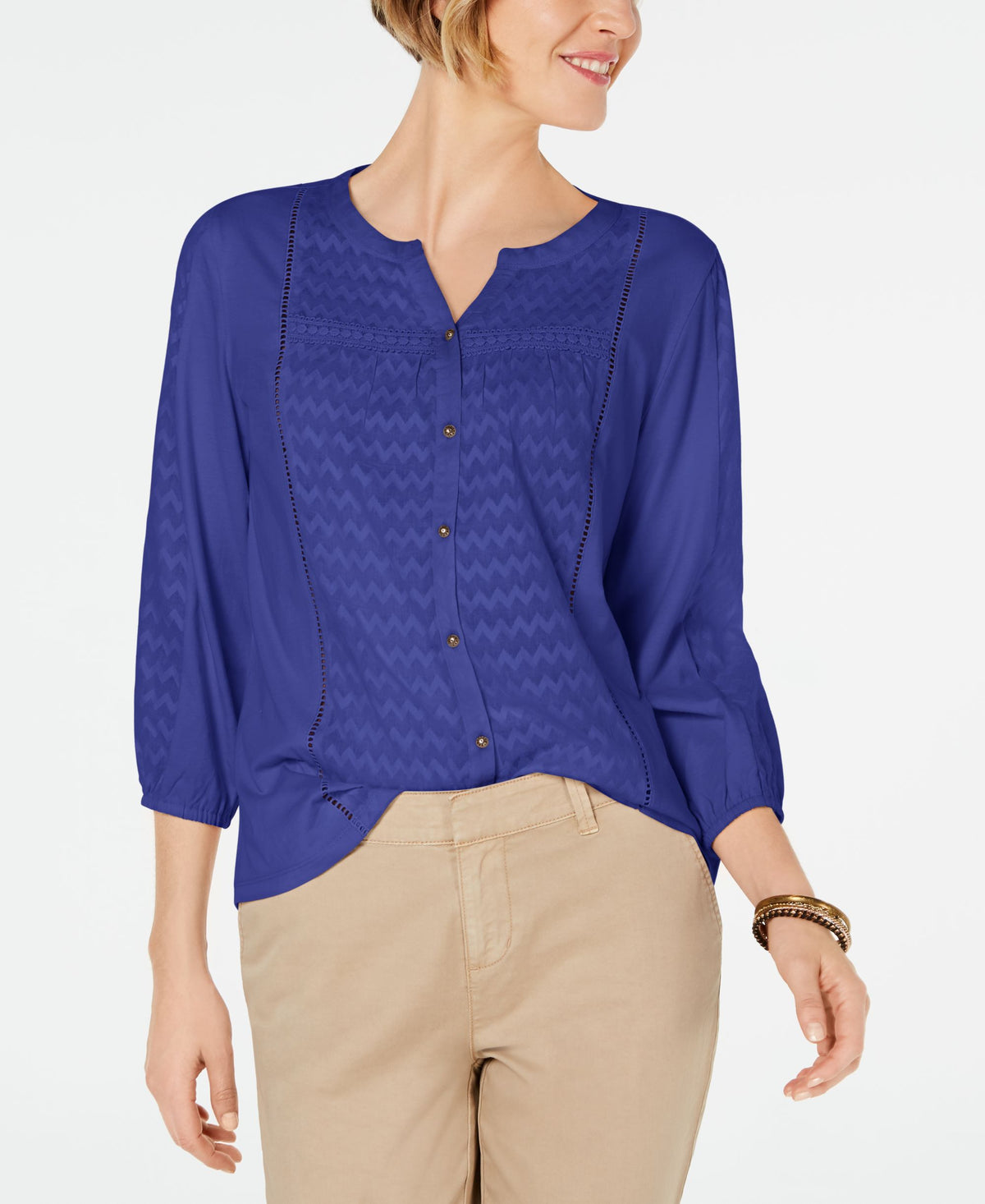 Ladder-Trim Bubble-Sleeve Top
