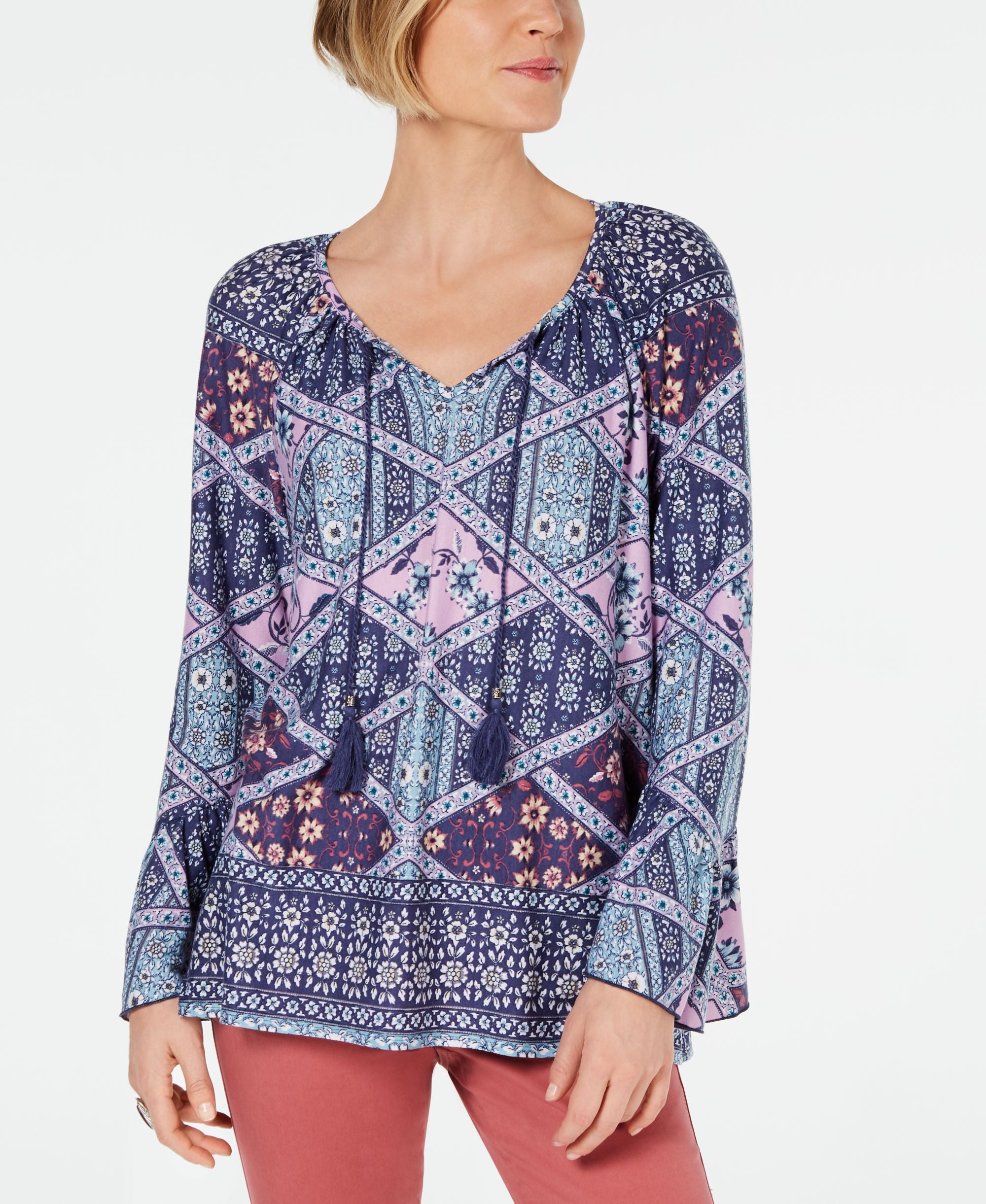 Printed Tassel-Tie Ruffle-Cuff Top