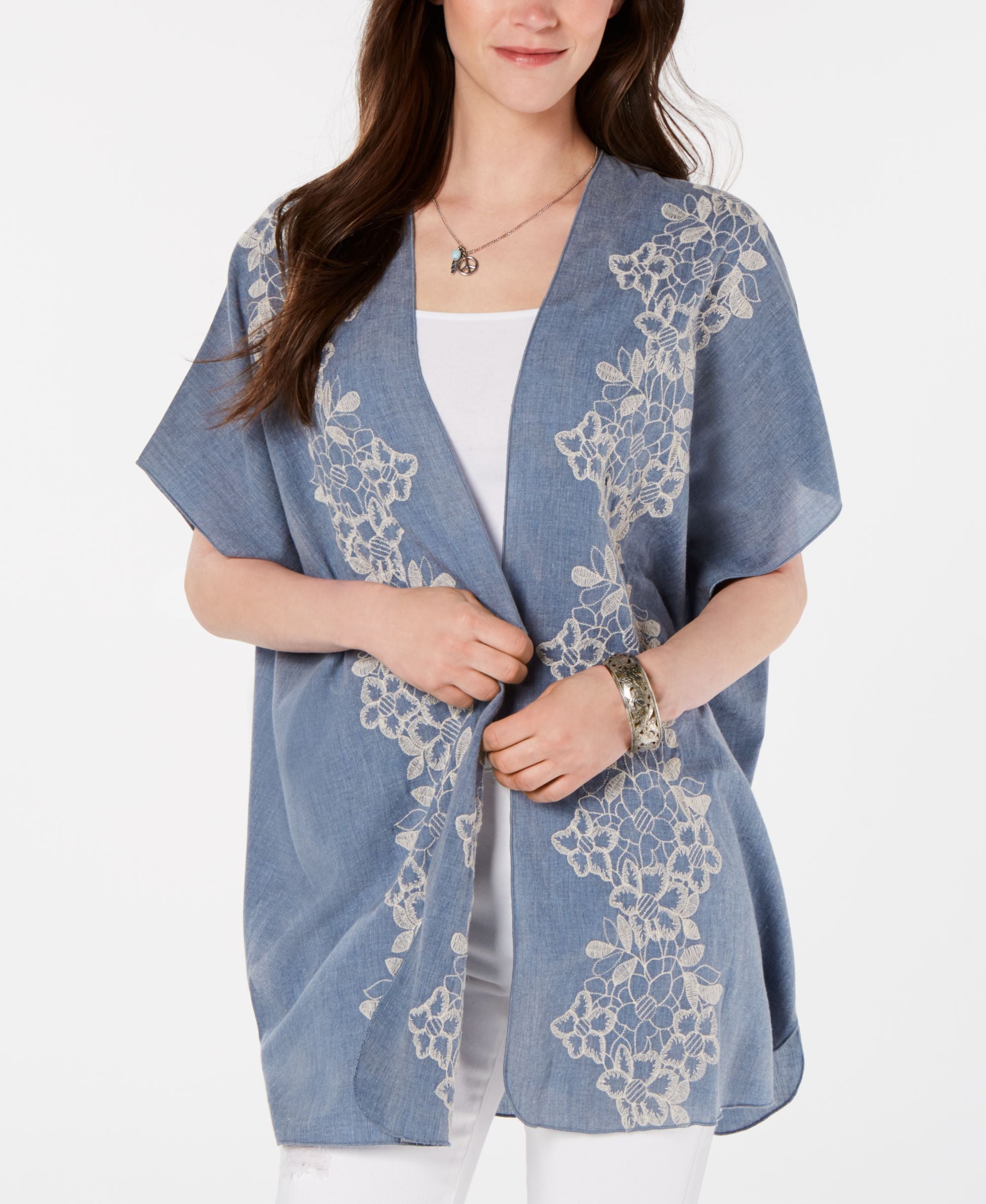 Embroidered Open-Front Kimono