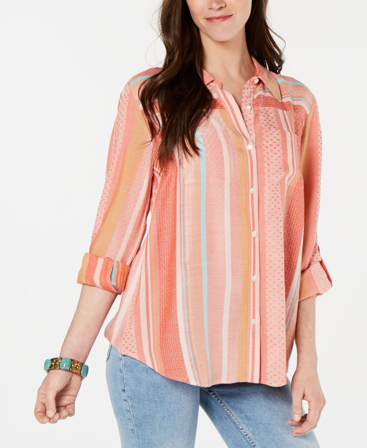 Roll-Tab-Sleeve Striped Top