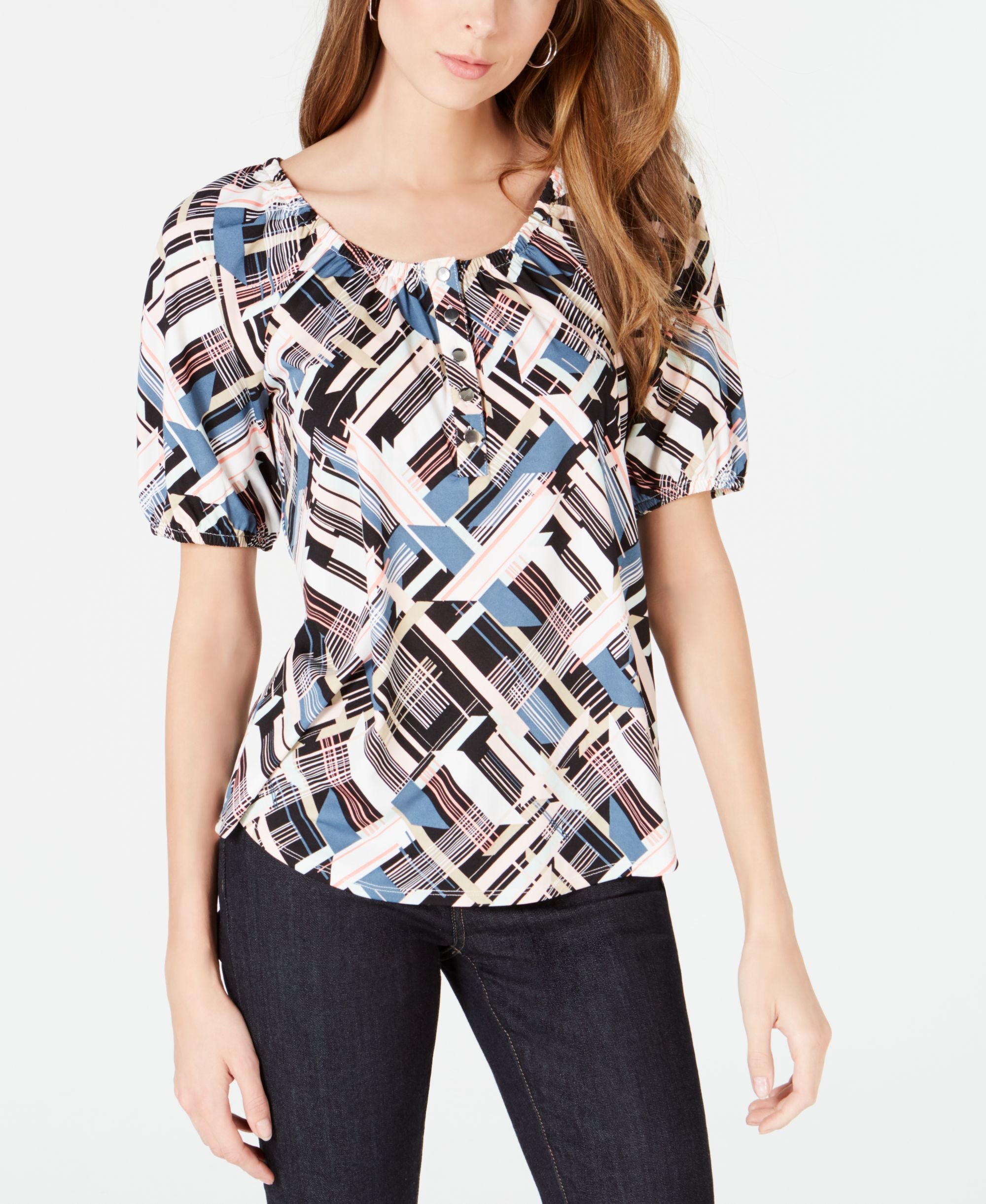 NY Collection Petite Printed Peasant Top