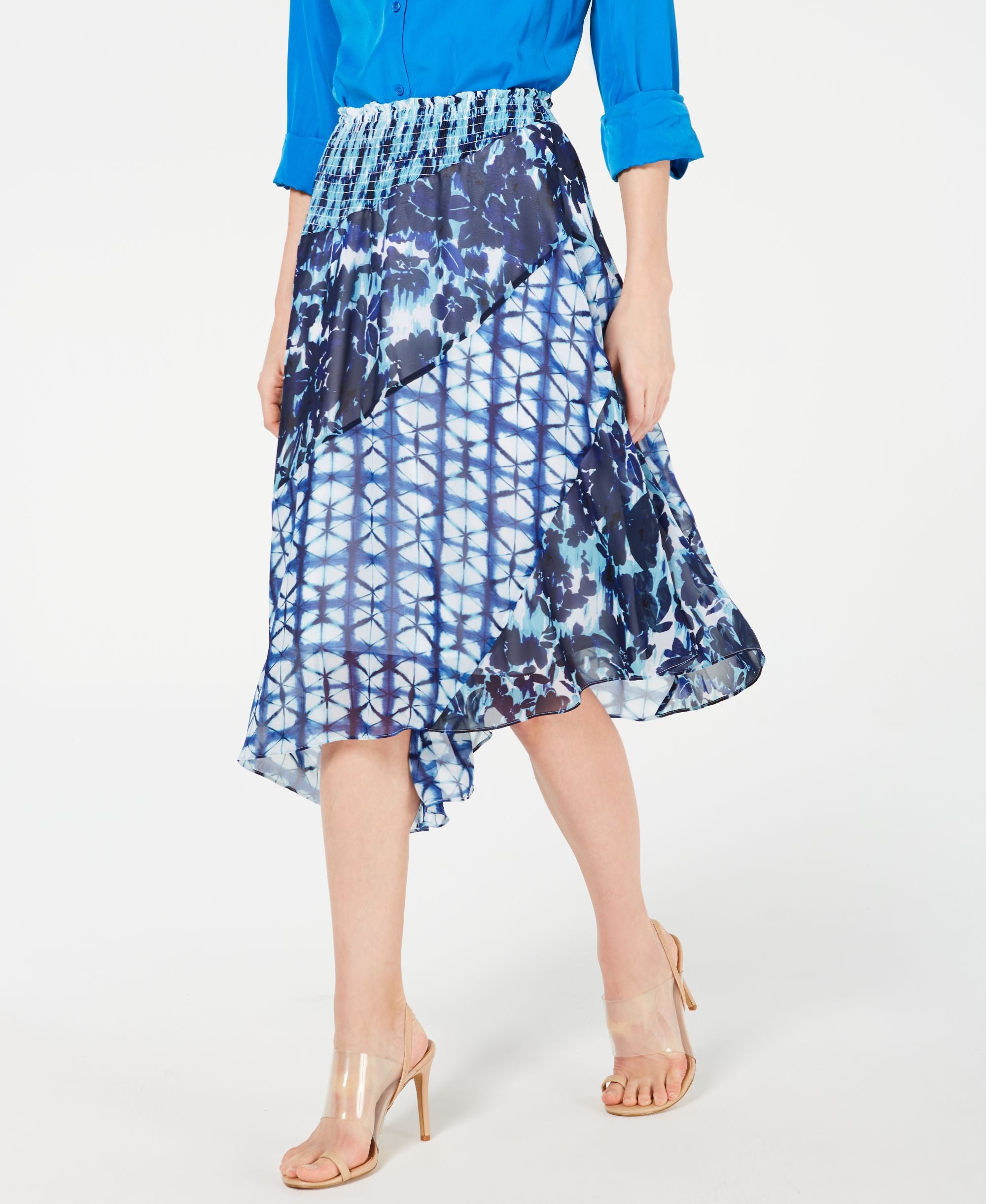 INC Mixed-Print Tie-Dye Asymmetrical Skirt
