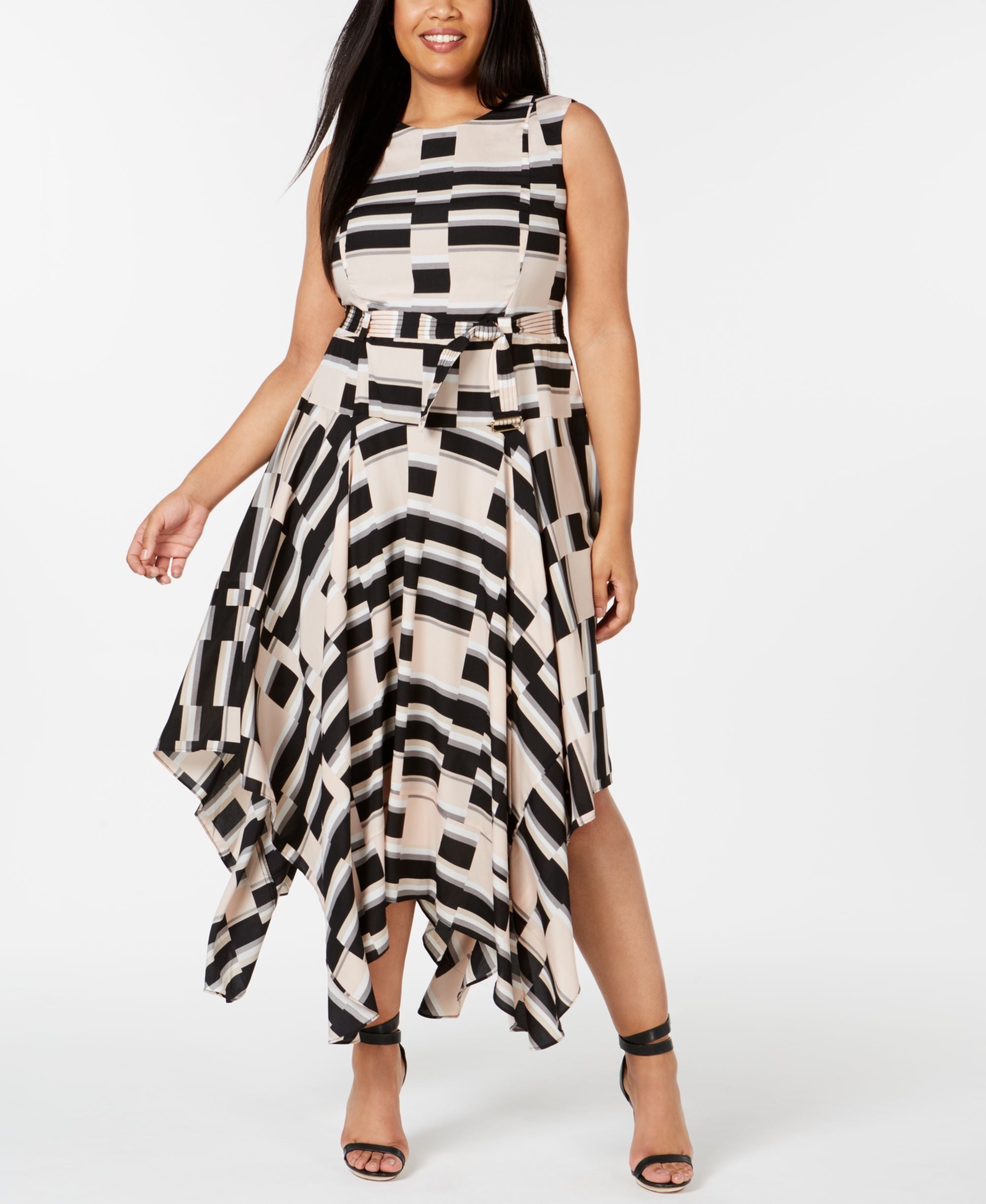 Calvin Klein Womens Plus Print Handkerchief Hem MIDI Dress Black Multi 20W