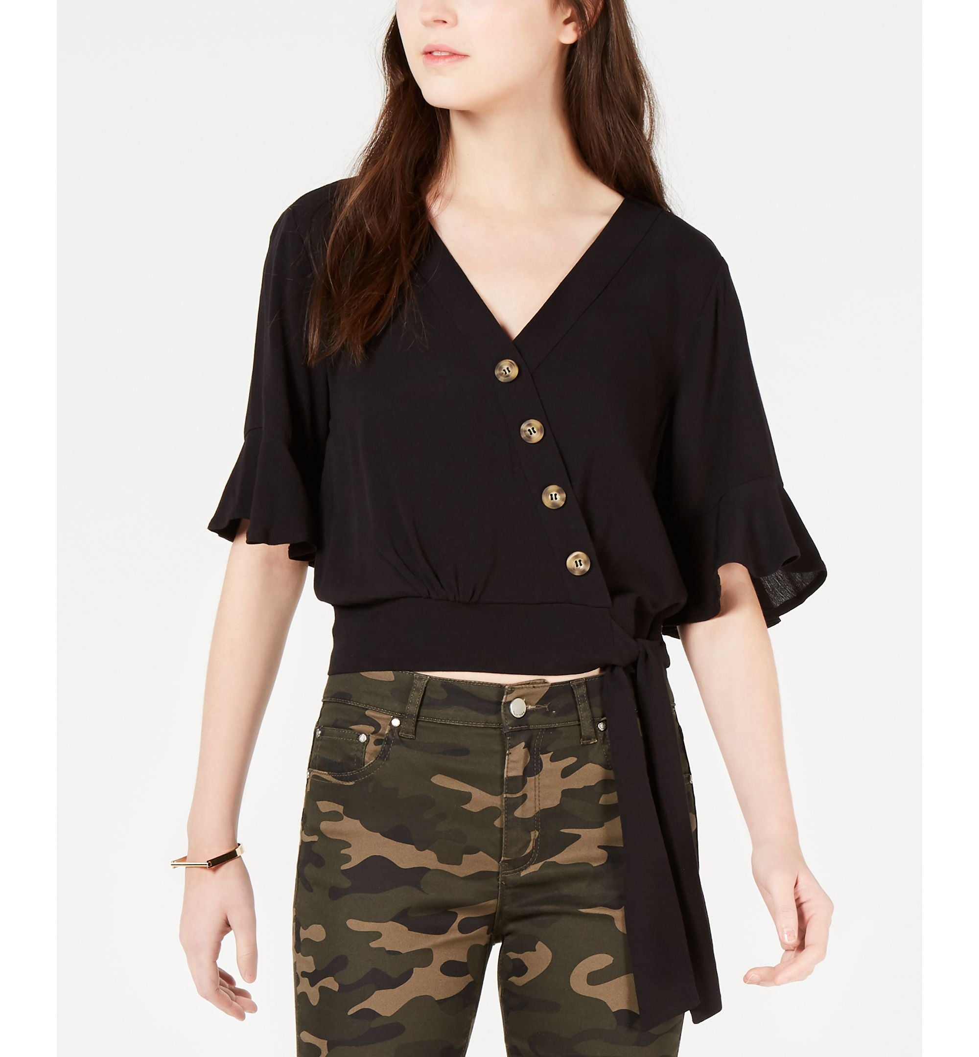 Gypsies Moondust Juniors Solid Button Wrap Blouse