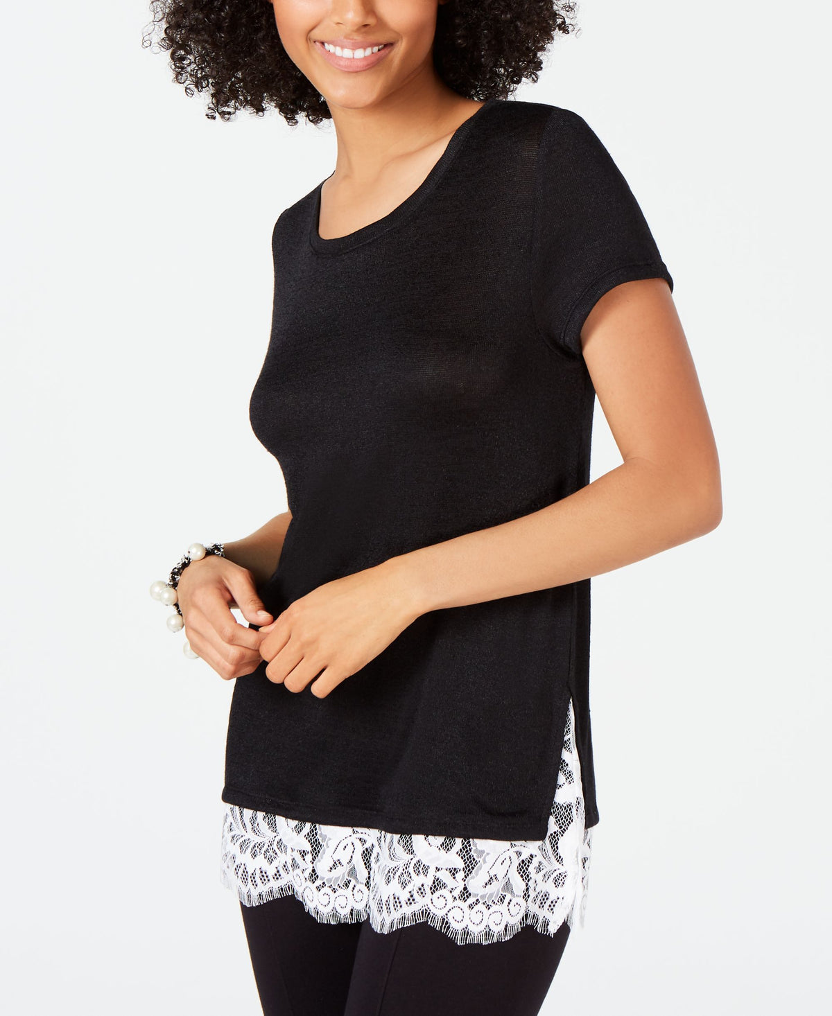 INC Short-Sleeve Lace-Trim Knit Top