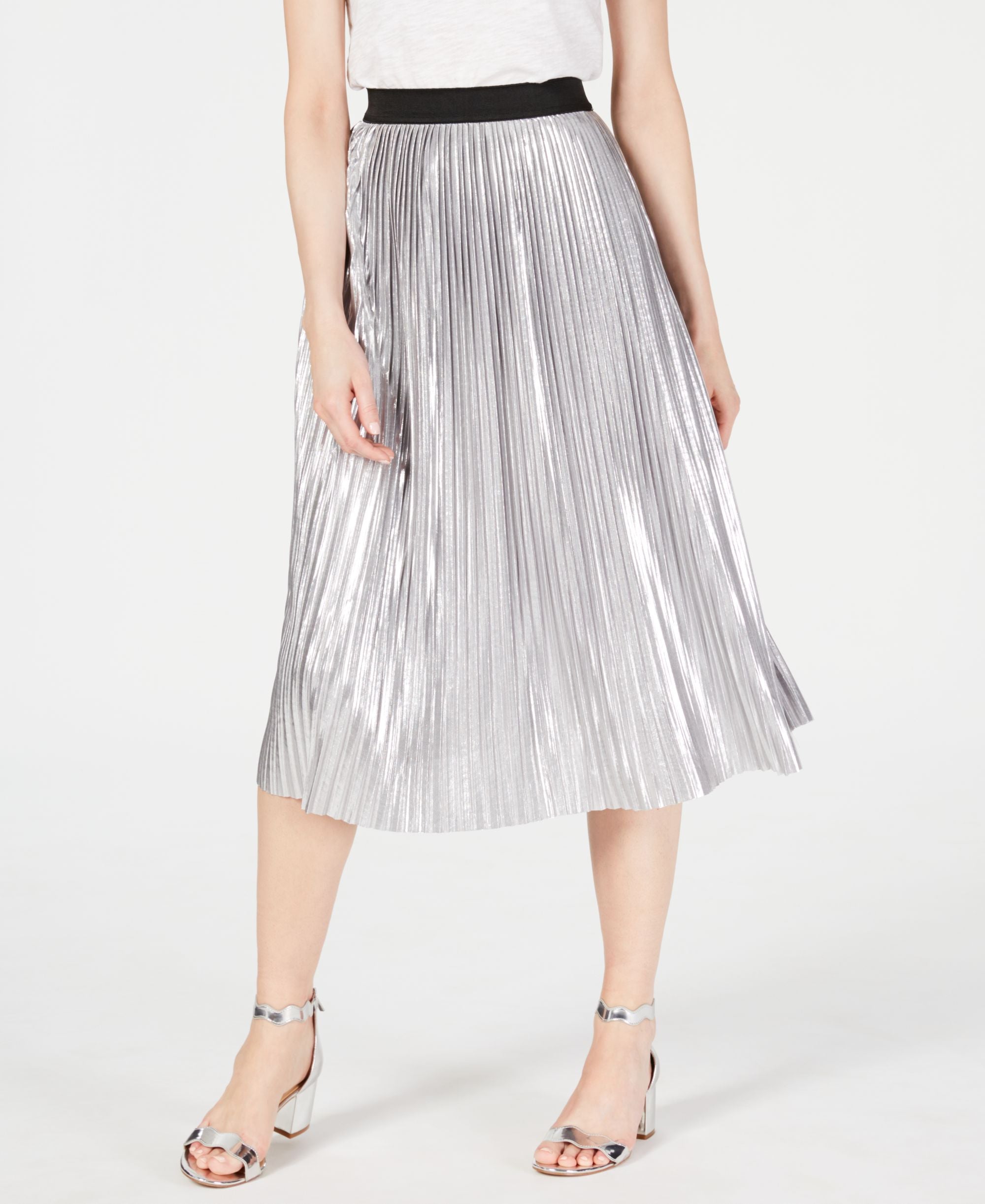 Pull On Metallic Pleated Midi Skirt