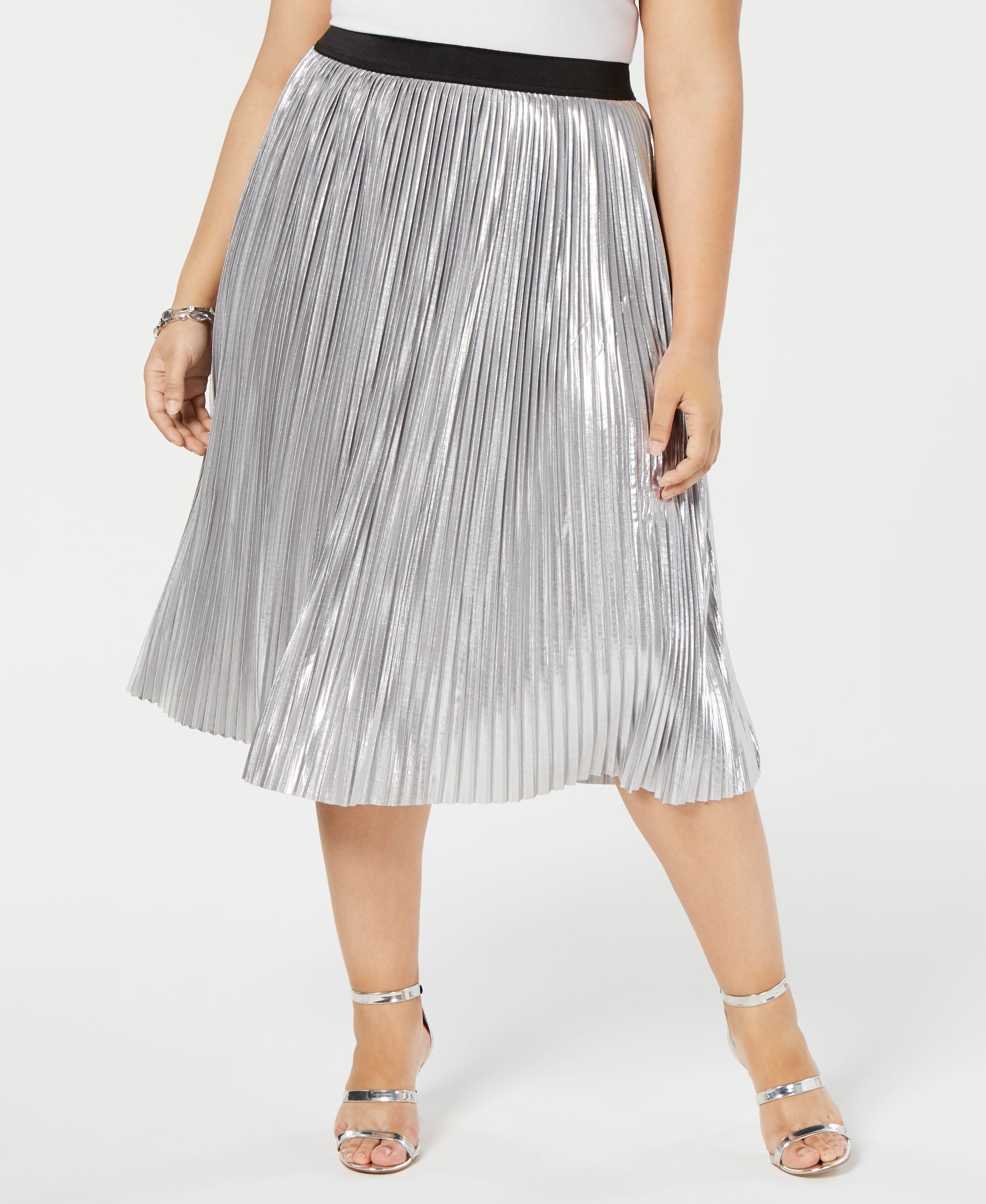Plus Size Metallic Pleated Midi Skirt