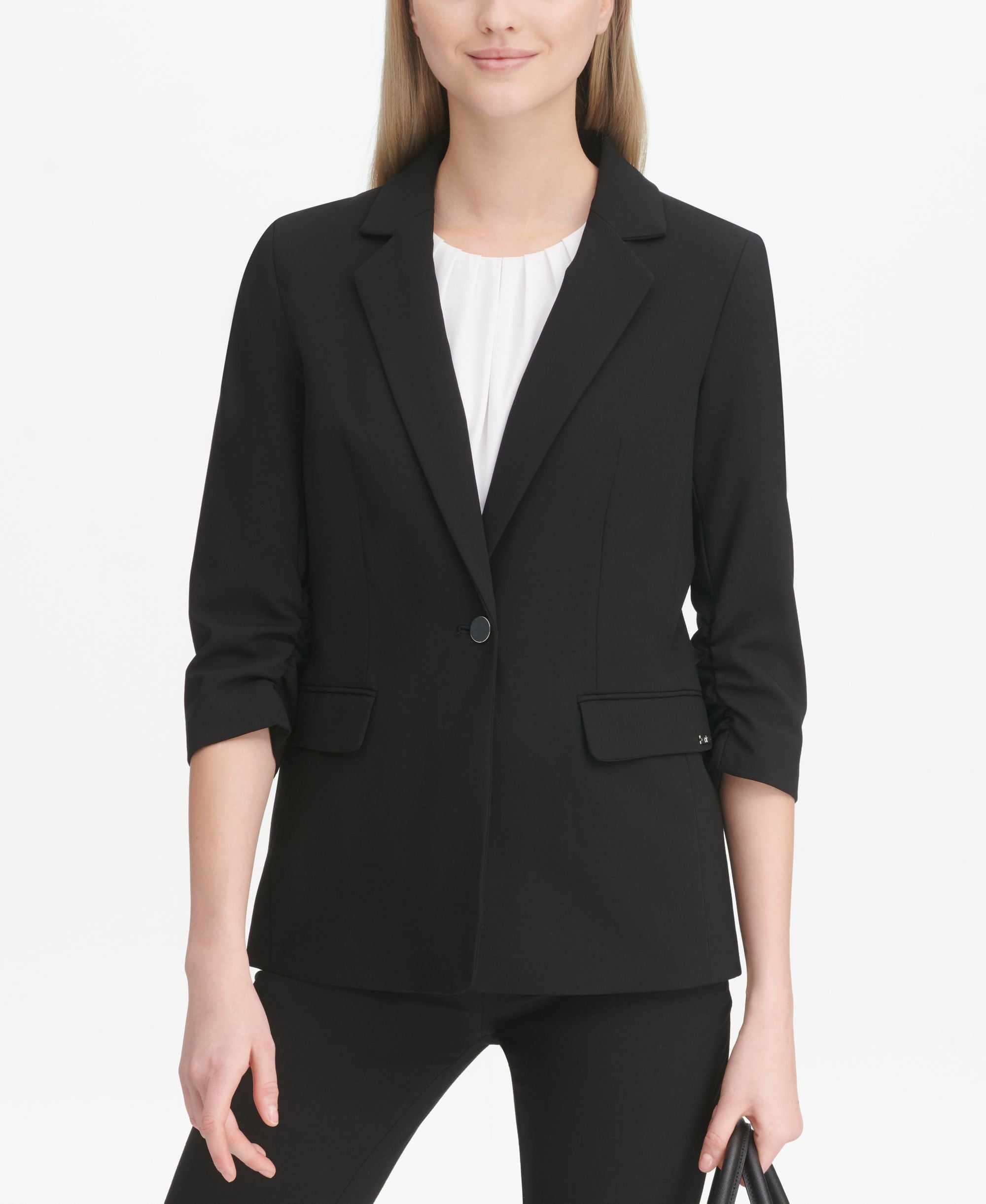 Calvin Klein Ruched-Sleeve Button-Cuff Blazer Black 6