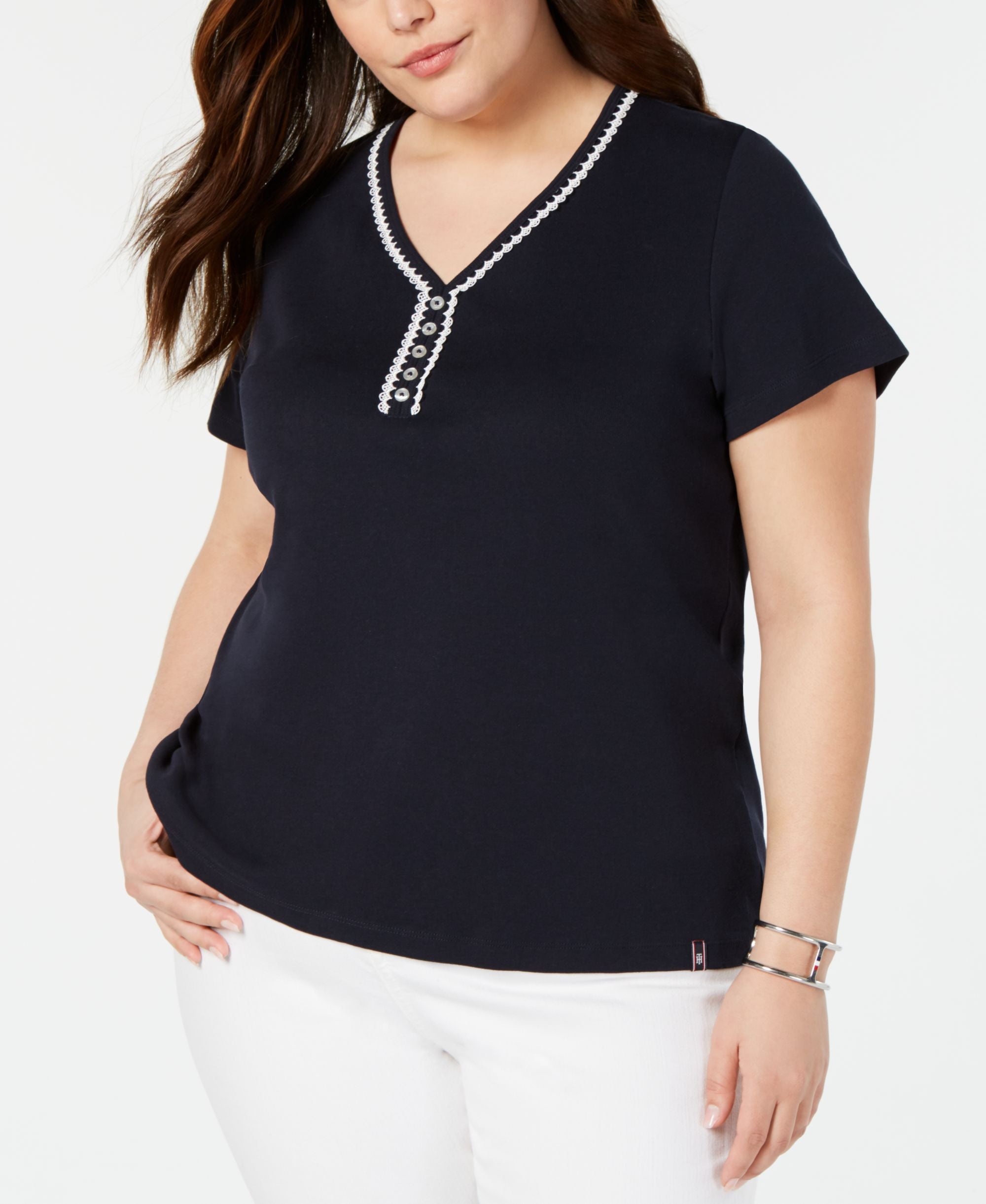 Tommy Hilfiger Plus Size Lace Trim V Neck T-Shirt