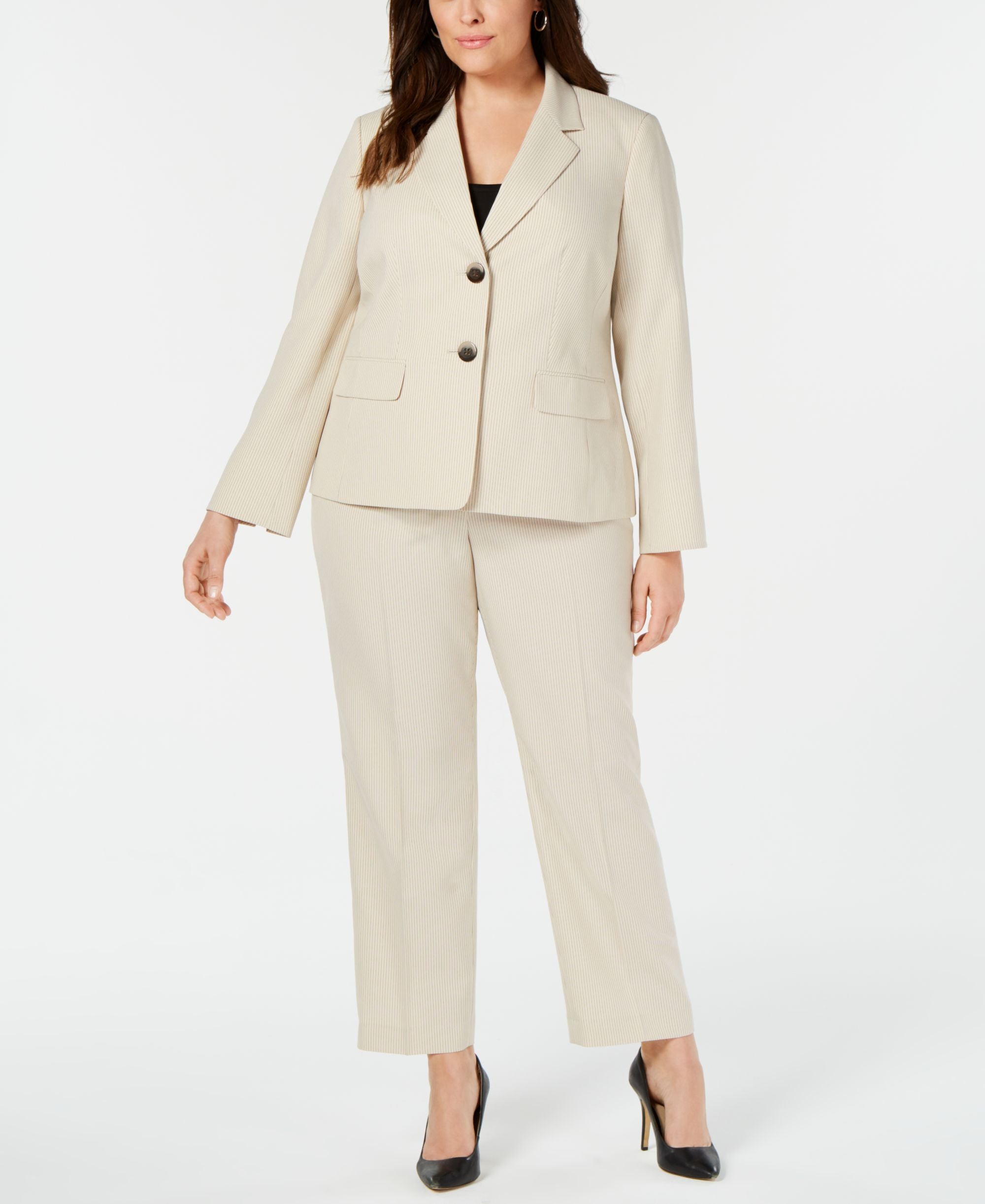Le Suit Plus Size Striped Two Button Pantsuit