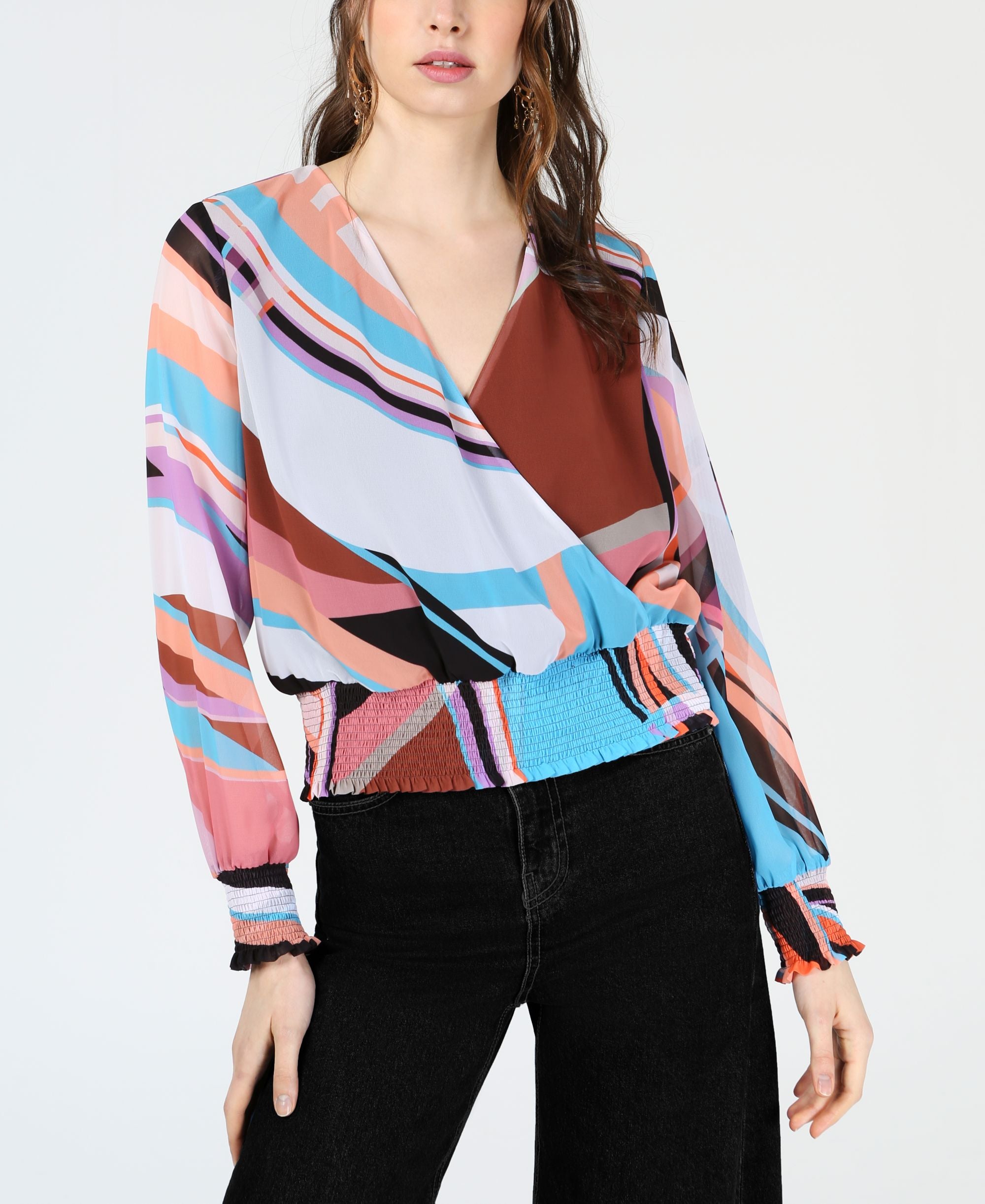 Bar III Printed Smocked Waist Surplice Top